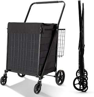 Folding Shopping Cart with Waterproof Liner, Grocery Cart Large Bag with Top Cover, 400 Lb Capacity, Utility Cart with 360° Rolling Swivel Wheels, Extra Large & Extra Basket