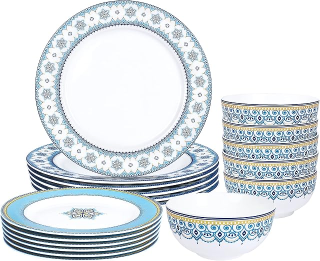 fanquare 18-Piece Blue and White Dinner Sets,Service for 6,Porcelain Tableware Set,Dinnerware Sets with Kitchen Plates,Cereal Bowls