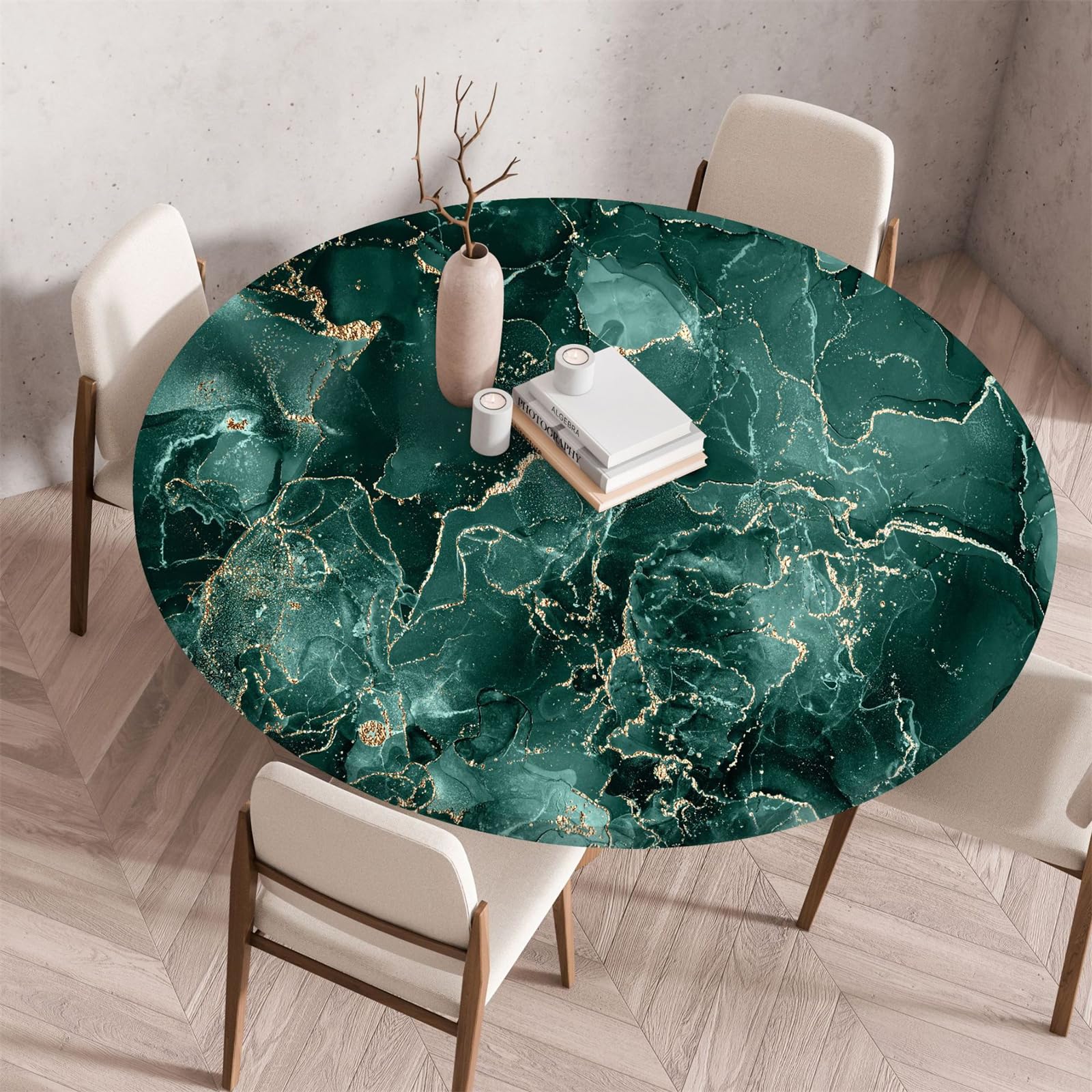 Muiuou Waterproof Elastic Fitted Round Tablecloth, Marble Printing Reusable Waterproof Oil-Proof Round Table Cover Cloth, Fitted Home Decoration Restaurant Picnic (Diameter 80cm,Marble 9)