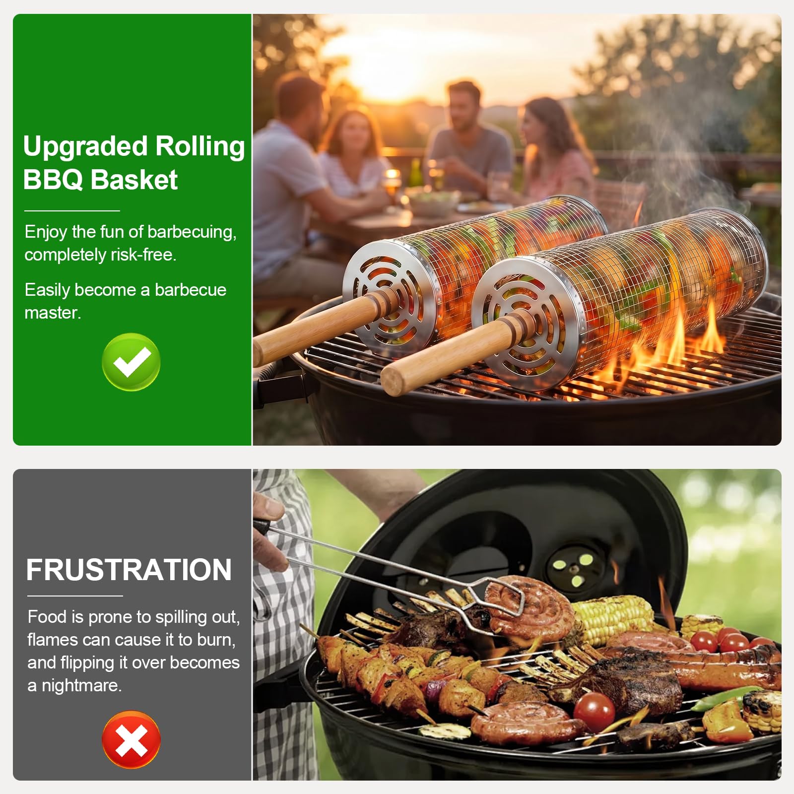Panier à Barbecue Roulant, Paquet de 2 Paniers à Grillades Enroulable avec Poignée Détachable et Brosse Panier Grille Barbecue Emboîtables pour Légumes, Viande, Poisson Cadeau Hommes