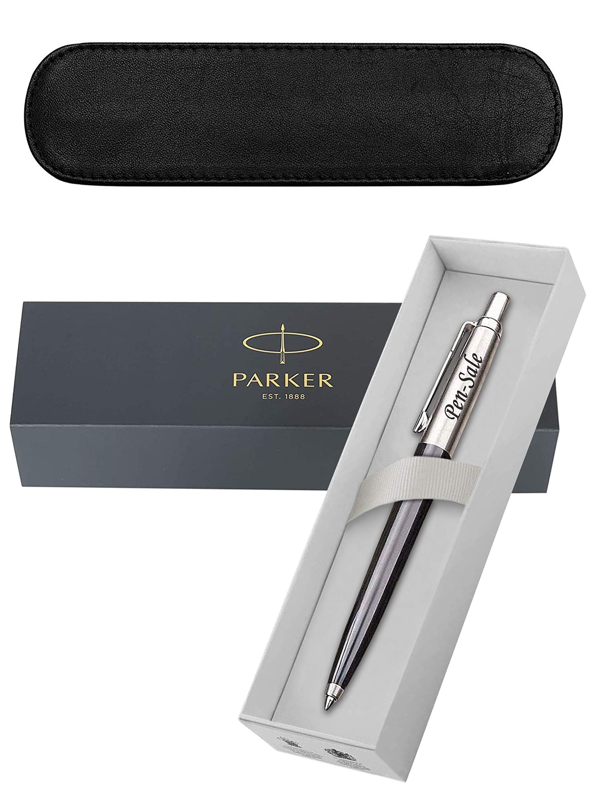 Personalised Engraved Parker Jotter Black/Blue/Red, Choice of Blue or Black Ink, Ballpoint Pen Gift Boxed with a Classy Genuine Leather Pen Slip - Enter Your Custom Text (Jotter Black with Black Ink)