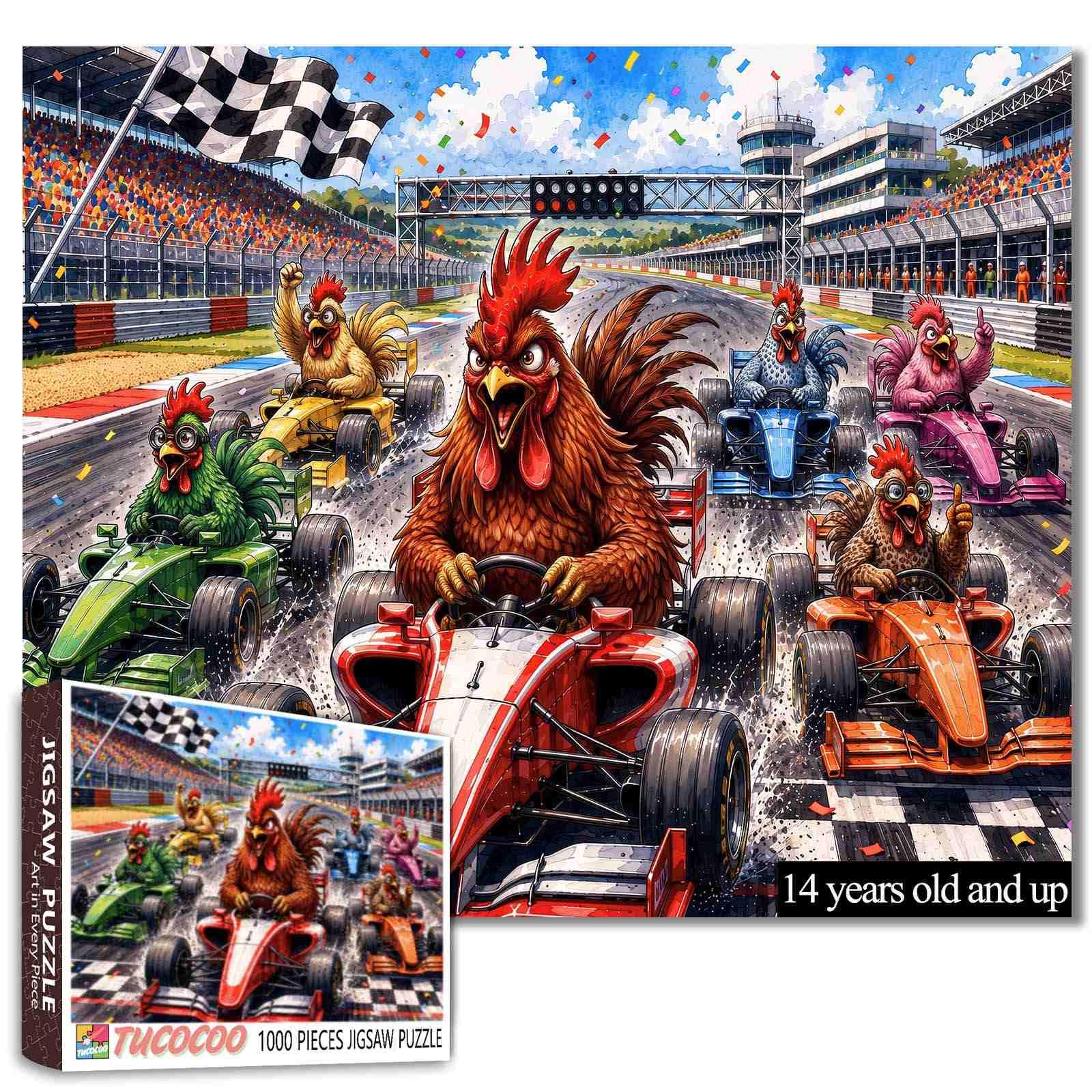 Funny Chicken Racing 1000 Piece Jigsaw Puzzle for Adults Car Lovers Gift — image 1