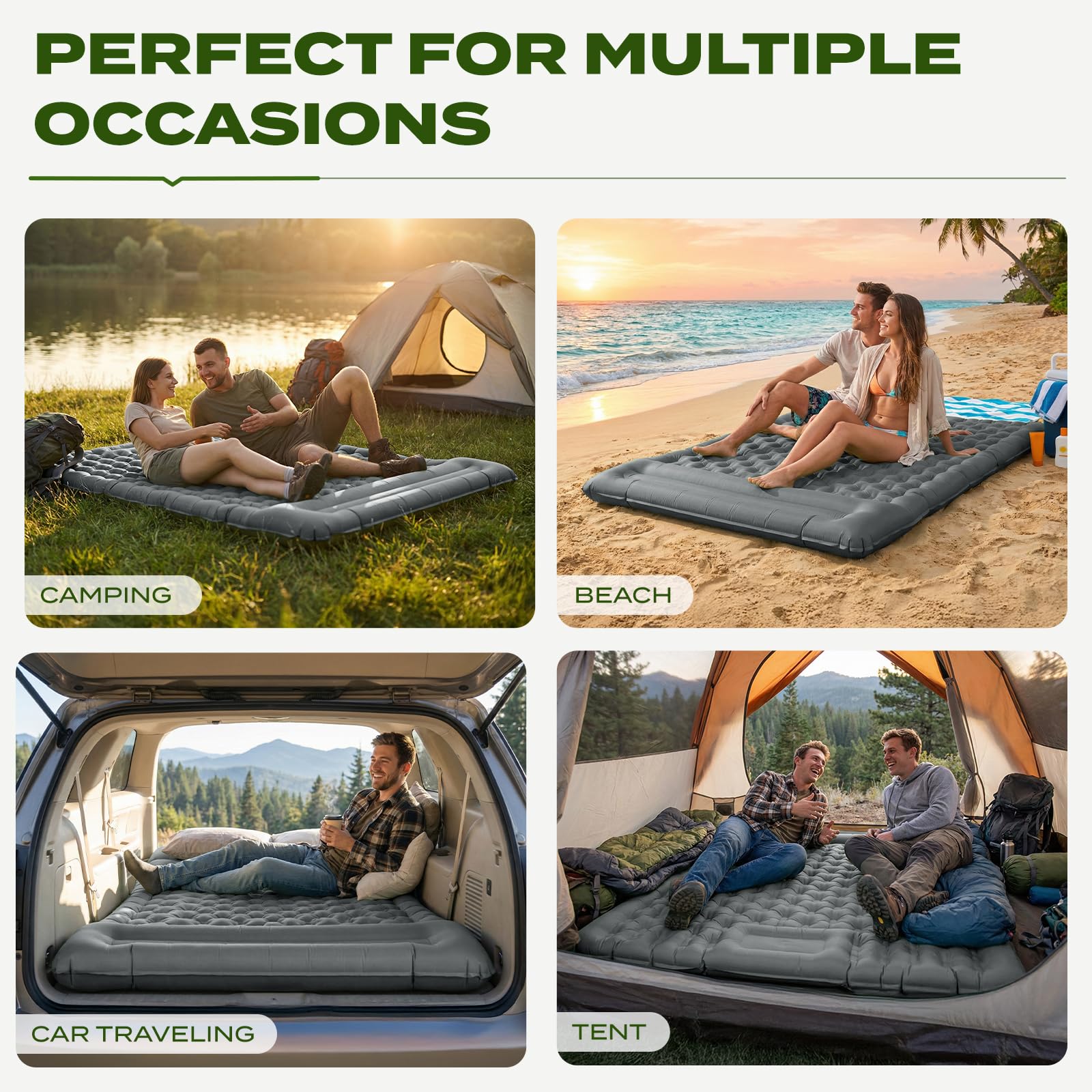 Colchoneta de Gran Tamaño, Colchón Hinchable de Camping con Almohada, Esterilla Autoinflable XXL, Gris 196 x 135 x 12 cm