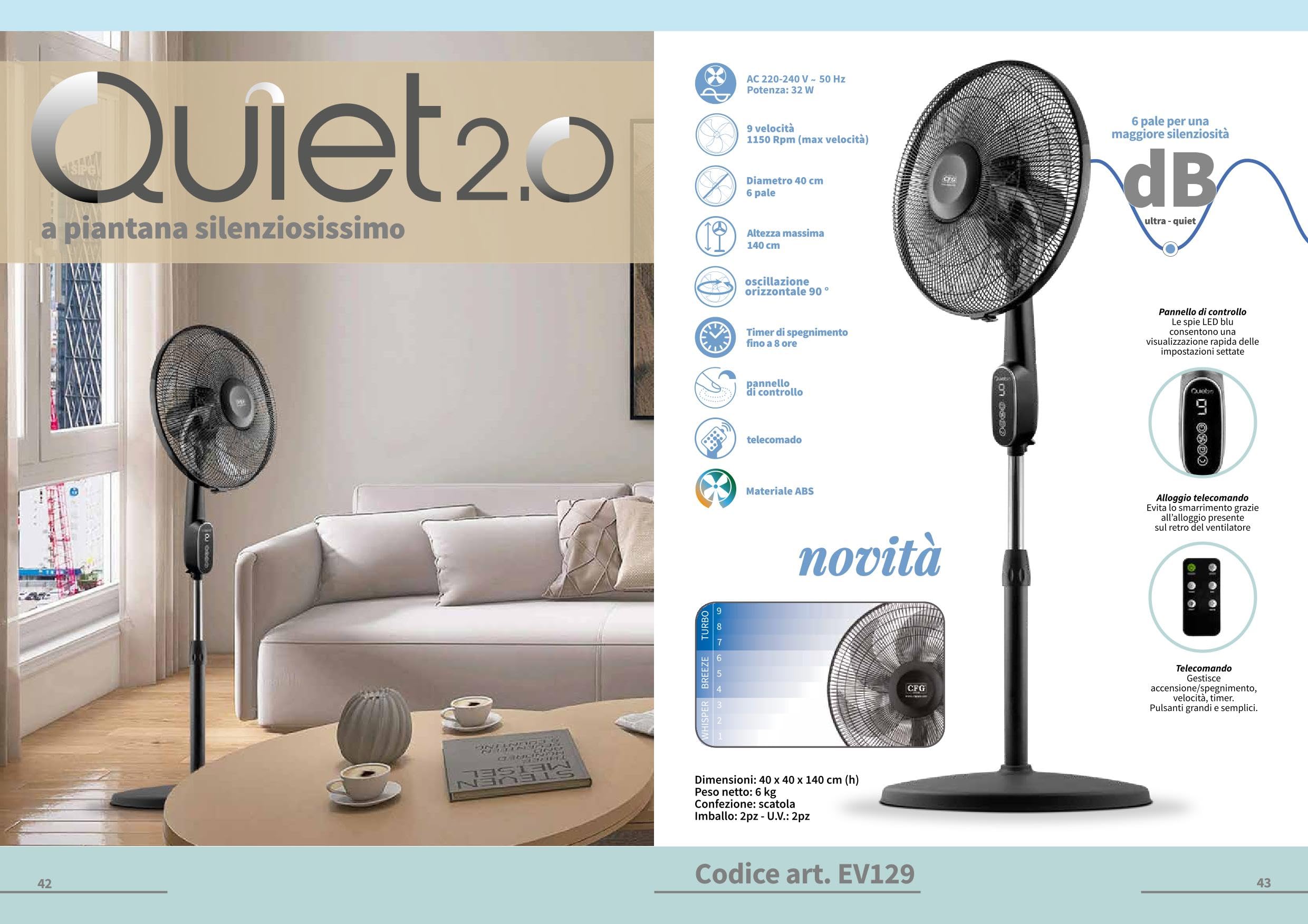 Generico Ventilatore a Piantana Silenzioso CFGQUIET 2.0 40 cm 9 Velocità 3 Modalità con Telecomando Oscillazione 90° Timer 8h Altezza Regolabile 140 cm 32W LED