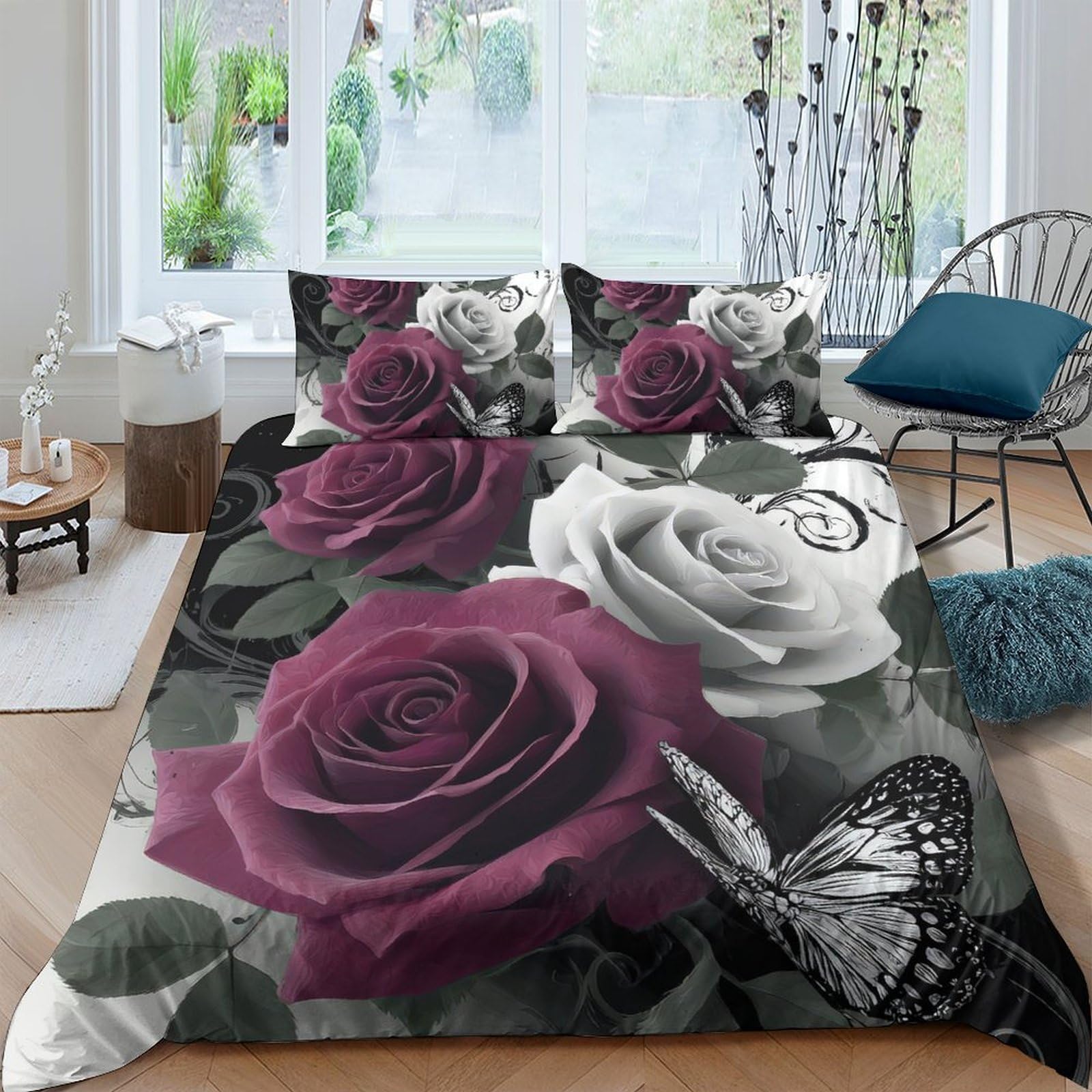 Ctjqhvkz Style-9 3D Printed Burgundy Rose Fitted Sheet Microfiber Soft Floral Butterfly Bed Cover For Bedroom Guest Room Decor Single（135X200cm）