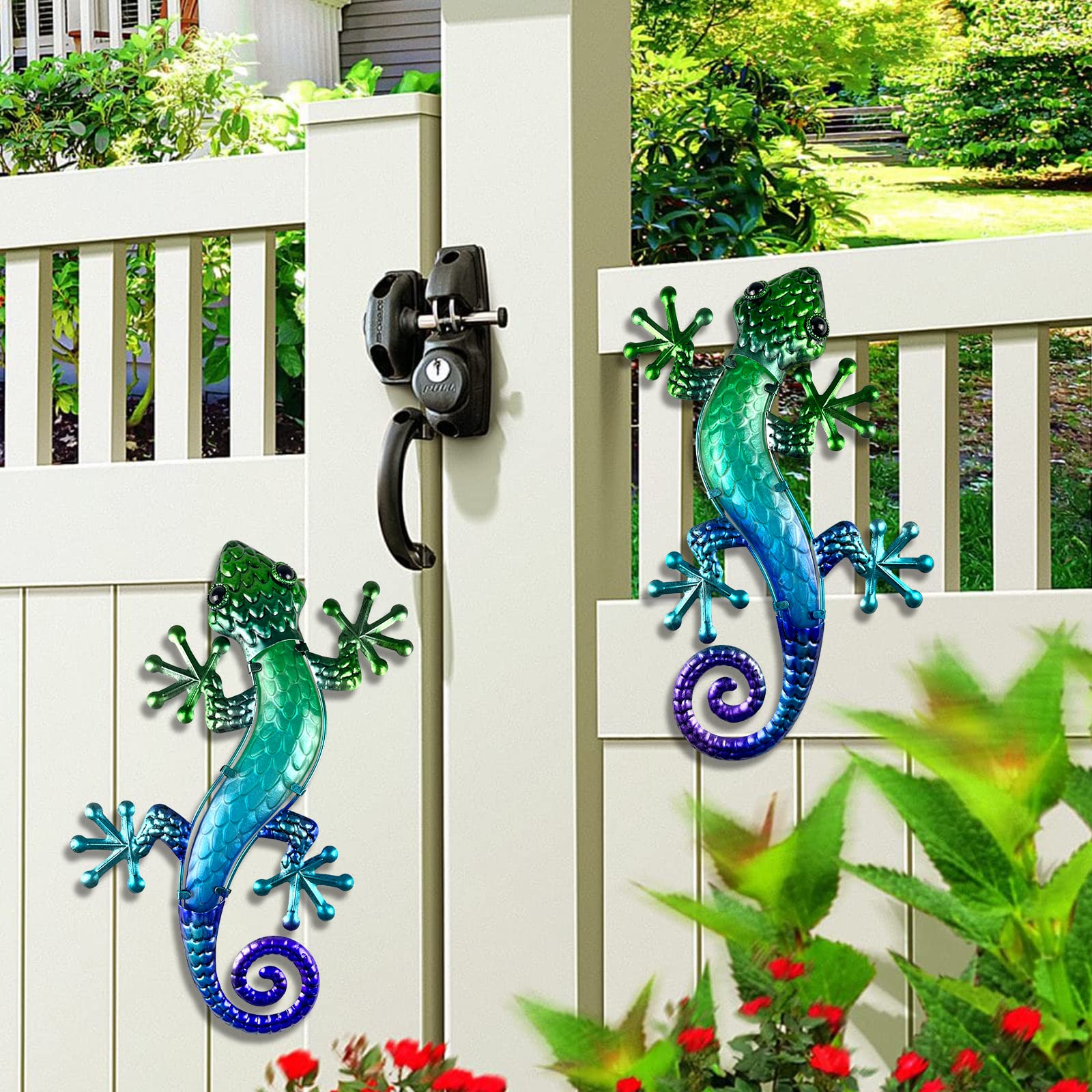 HONGLAND Metal Wall Art 2 Pack, 15" Gecko Garden Ornaments Outdoor, Hanging Lizard Garden Wall Art Decor for Fence Patio & Home - Image 4