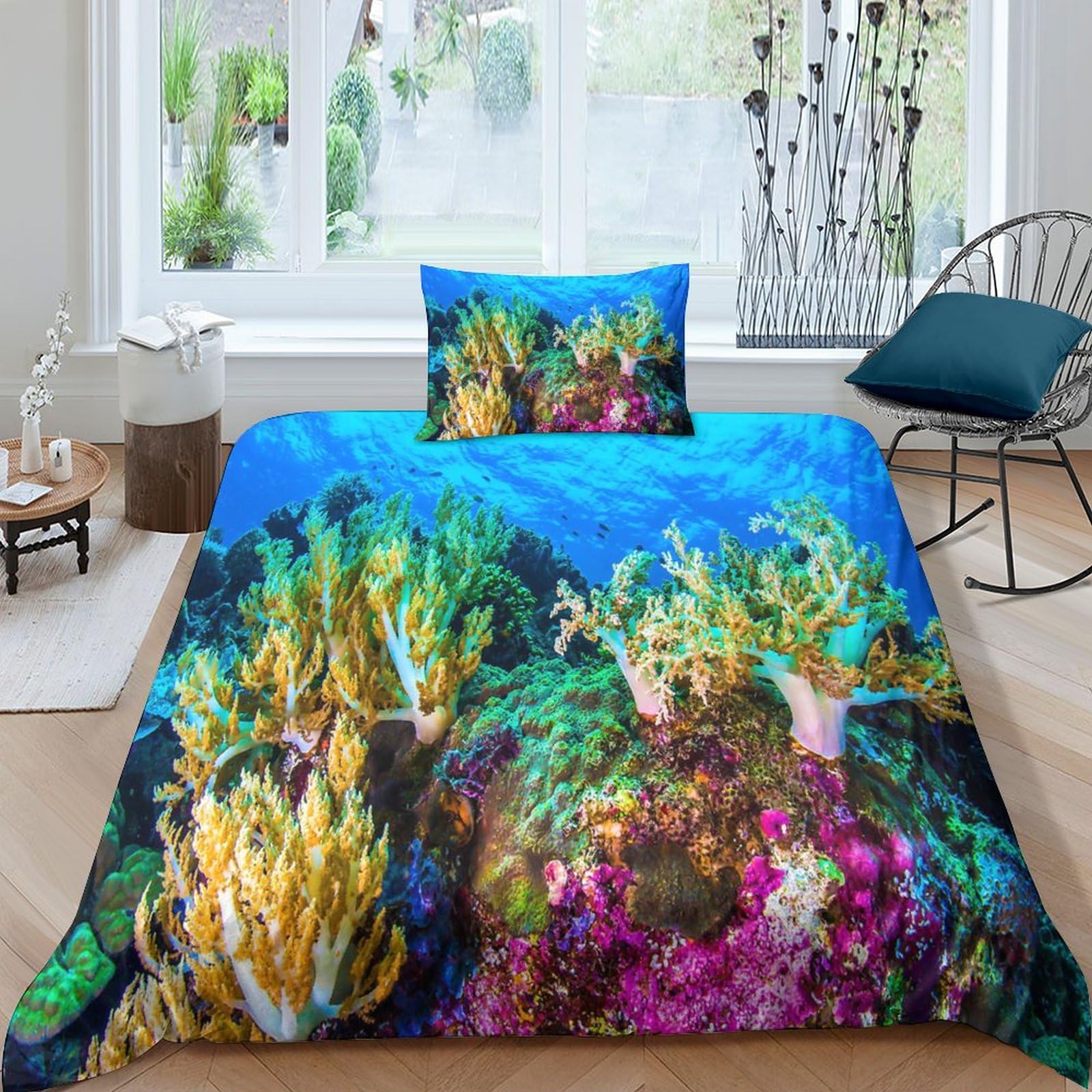 Parure de lit motif océan 3D en microfibre douce avec taies d'oreiller pour lit simple
