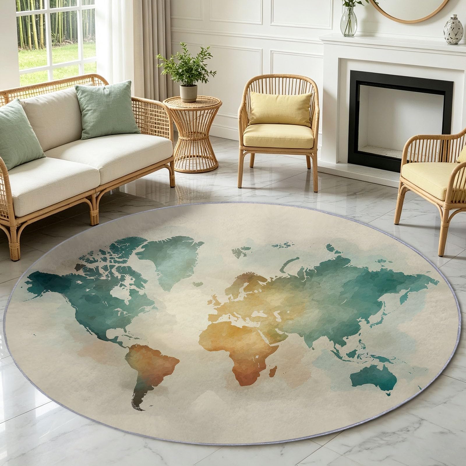 Tappeto rotondo vintage nautico, 60 cm, lavabile, antiscivolo, morbido, per camera da letto, letto, mappa del mondo, continente, per ingresso, cucina, lavanderia, bagno, beige