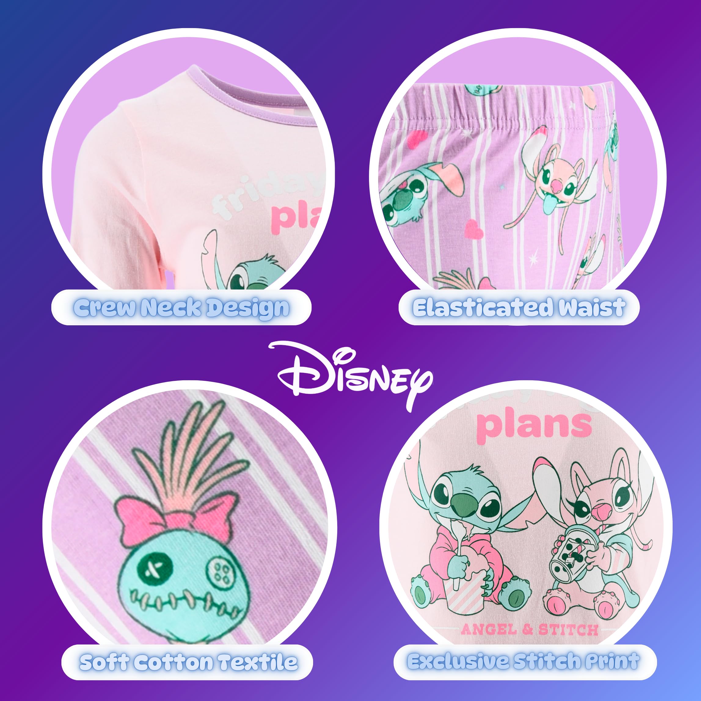 Disney Stitch Pigiama per Ragazze, Maglietta a Maniche Lunghe e Pantaloni 2 Pezzi Pigiama in Cotone, Taglie 3 a 8 Anni