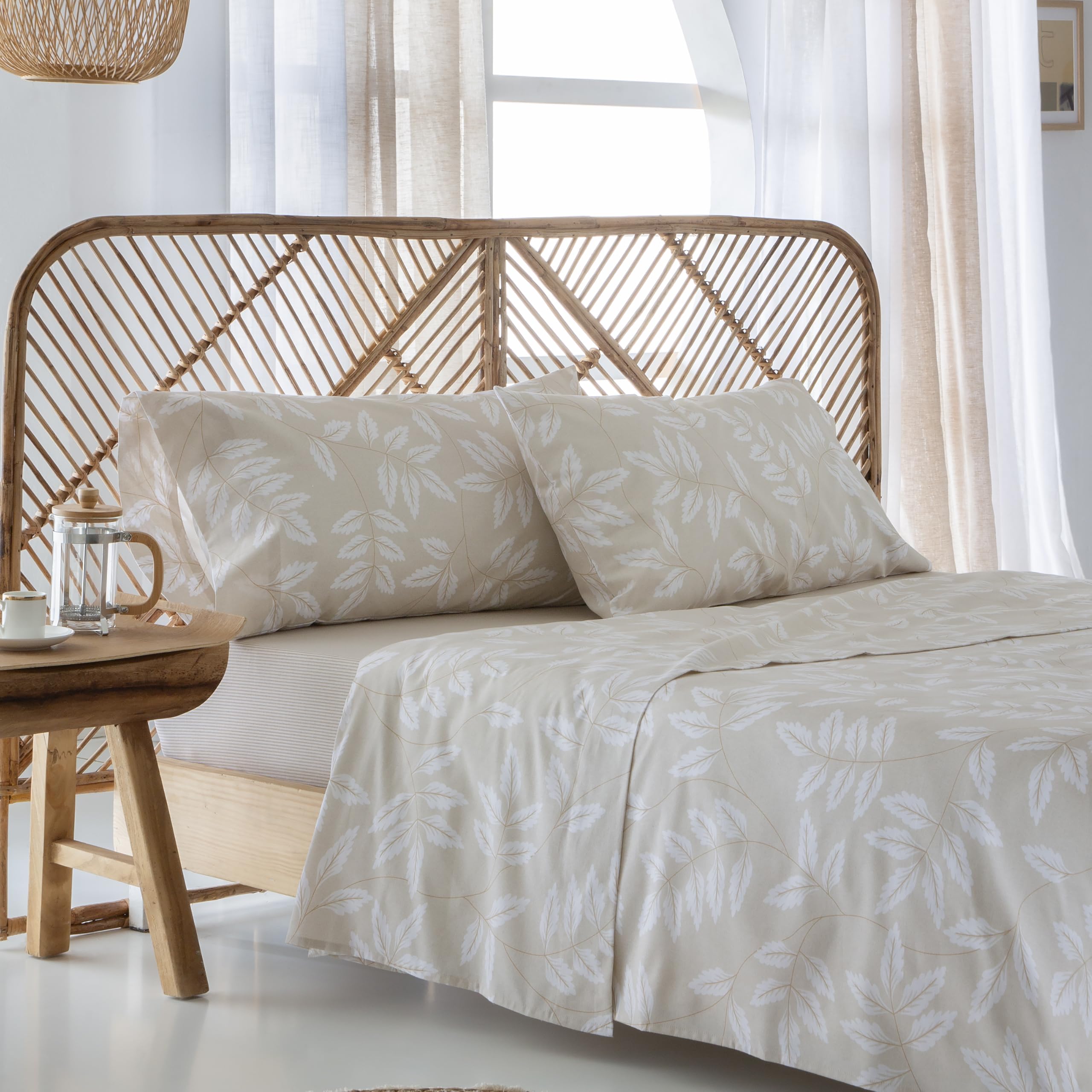 COTTON ARTean Juego de sabanas ALGODÓN ORGANICO Beige BATAN Cama de 150 x 190/200. Incluye sábana encimera + 2 Fundas de Almohada + sábana Bajera Ajustable. 100% ALGODÓN ORGÁNICO. Certificado Gots.