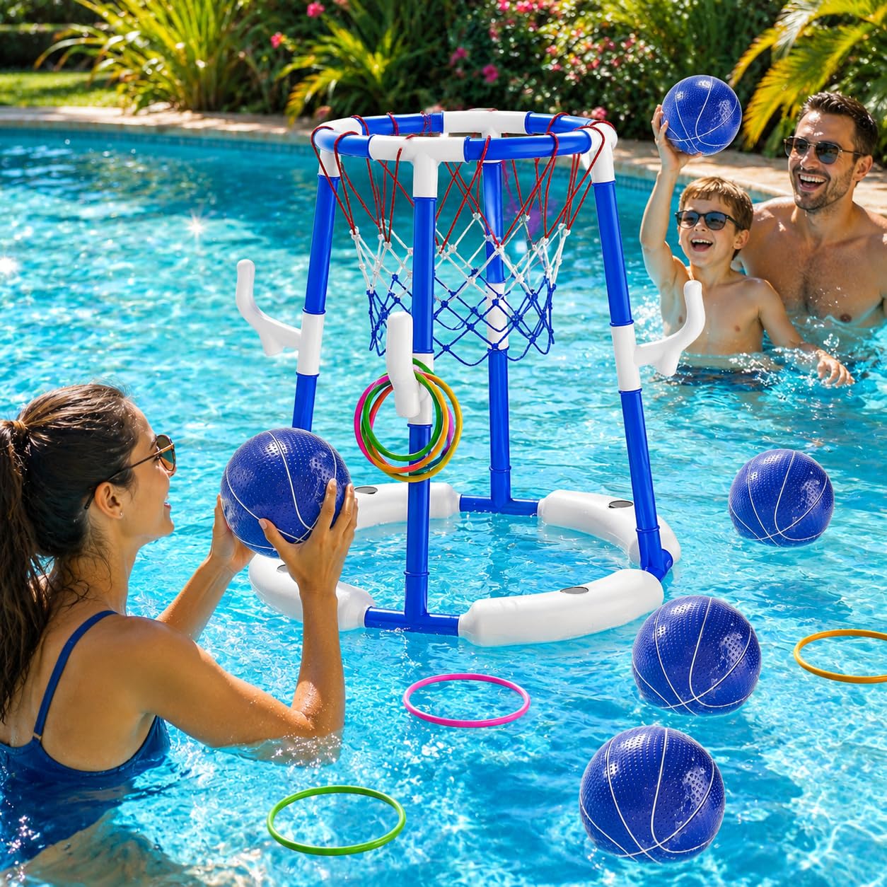 2-in-1 Pool-Basketball-Set mit 4 Bällen, 12 Ringen und Pumpe, Sommer Wasser im Freien, für Pool-Party, Spielzeugspiele für Kinder von 4 bis 8 bis 8 Jahren