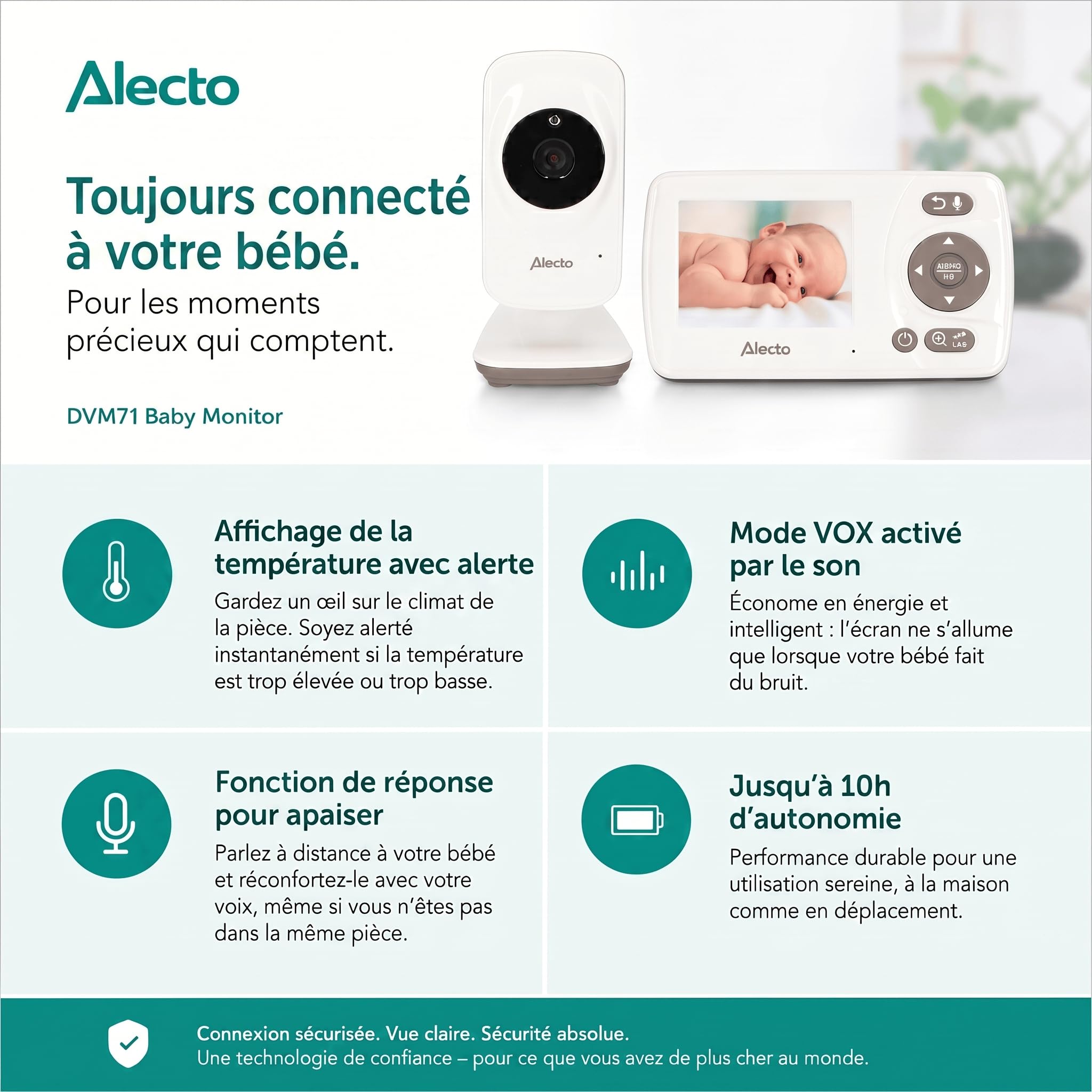 Alecto DVM71 Babyphone avec caméra - Moniteur bébé écran 2,4" - Caméra bébé - Portée 50 m - Batterie 10 Heures - Blanc/Taupe
