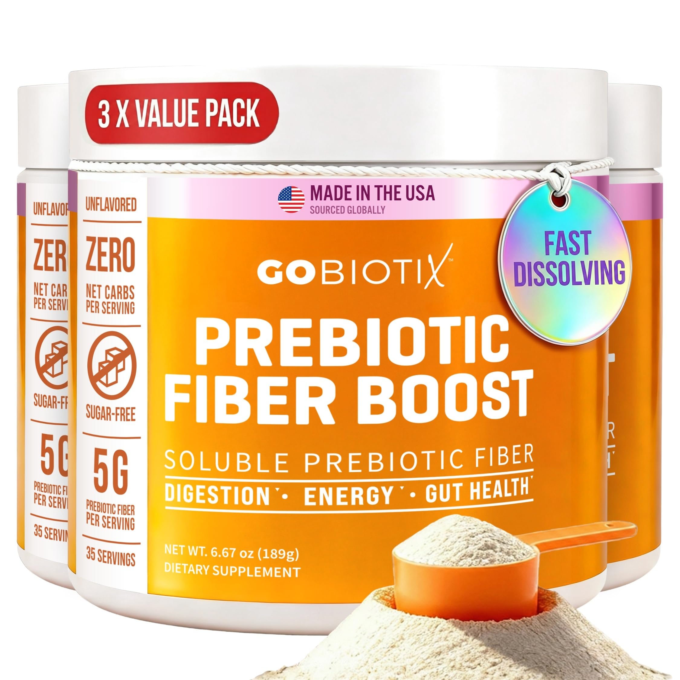 GOBIOTIX Fiber Supplement Powder with Prebiotics for Digestive Health and GLP-1 Support, Soluble Fiber for Gut Health & Debloat, Keto, Vegan, Gluten & Sugar Free, 35 Servings (3 Pack)