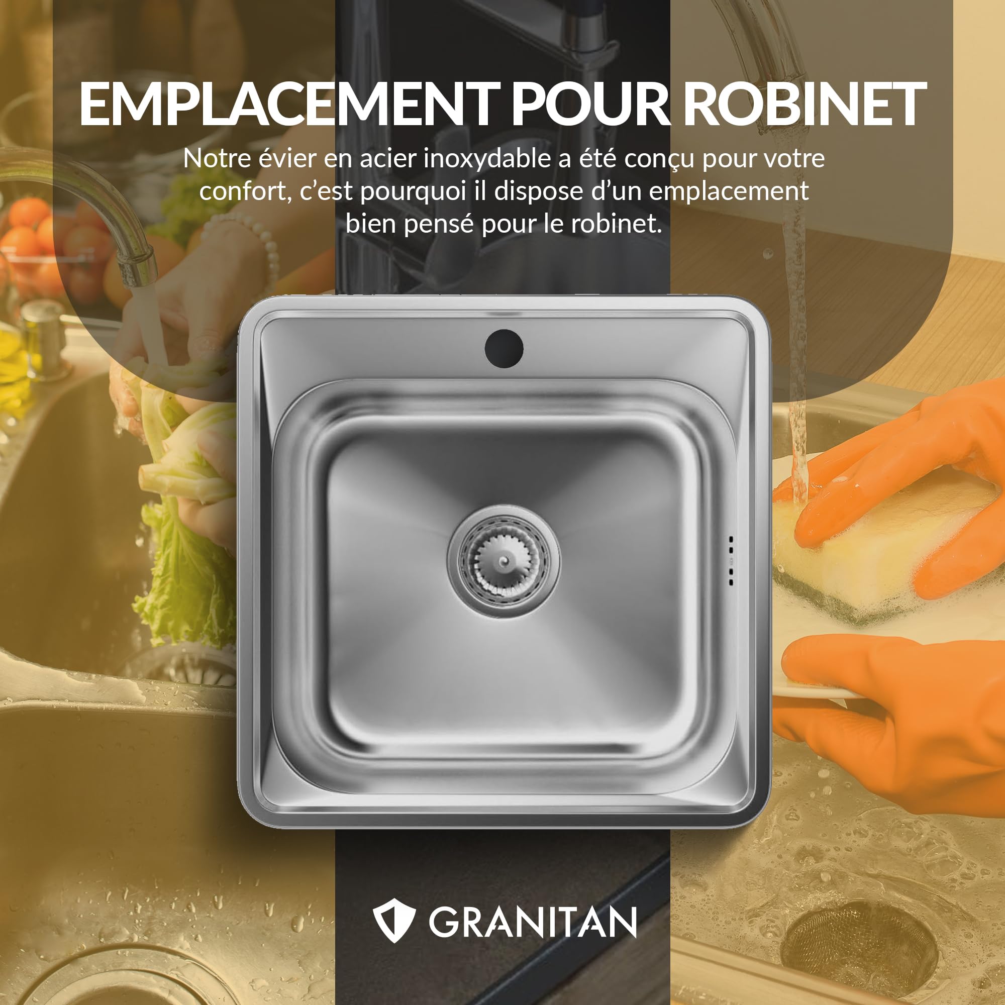Évier de Cuisine en Acier Inoxydable 38x38 cm avec Siphon - Trou Robinet ⌀ 92 mm - Facile à Encastrer - Satin - GRANITAN