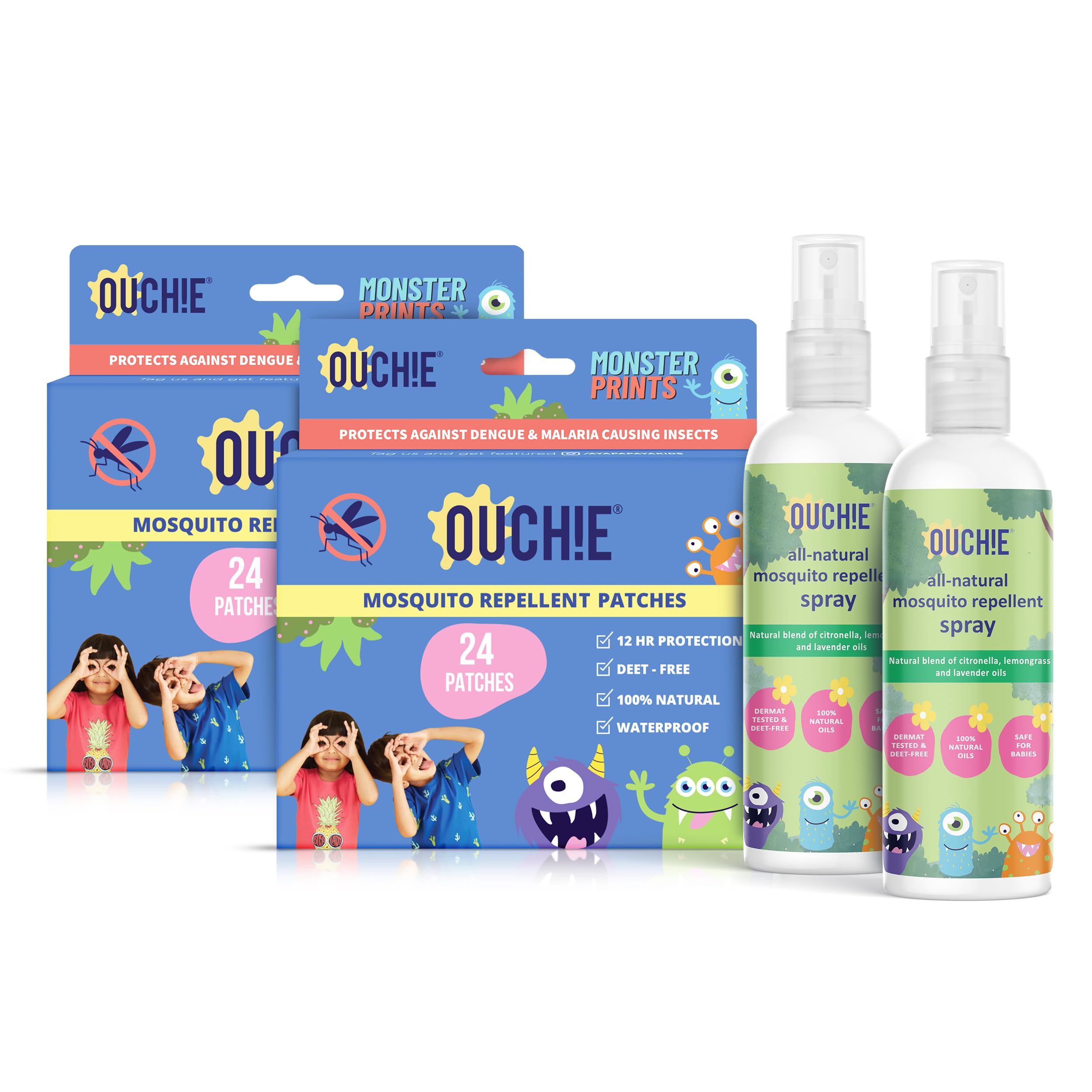 Ouchie 100% Natural Insect Repellent Spray Pack of 2 (100ML Each) & Monster Print Mosquito Repellent Patches Pack of 2 (24 Patches Each)-image-48