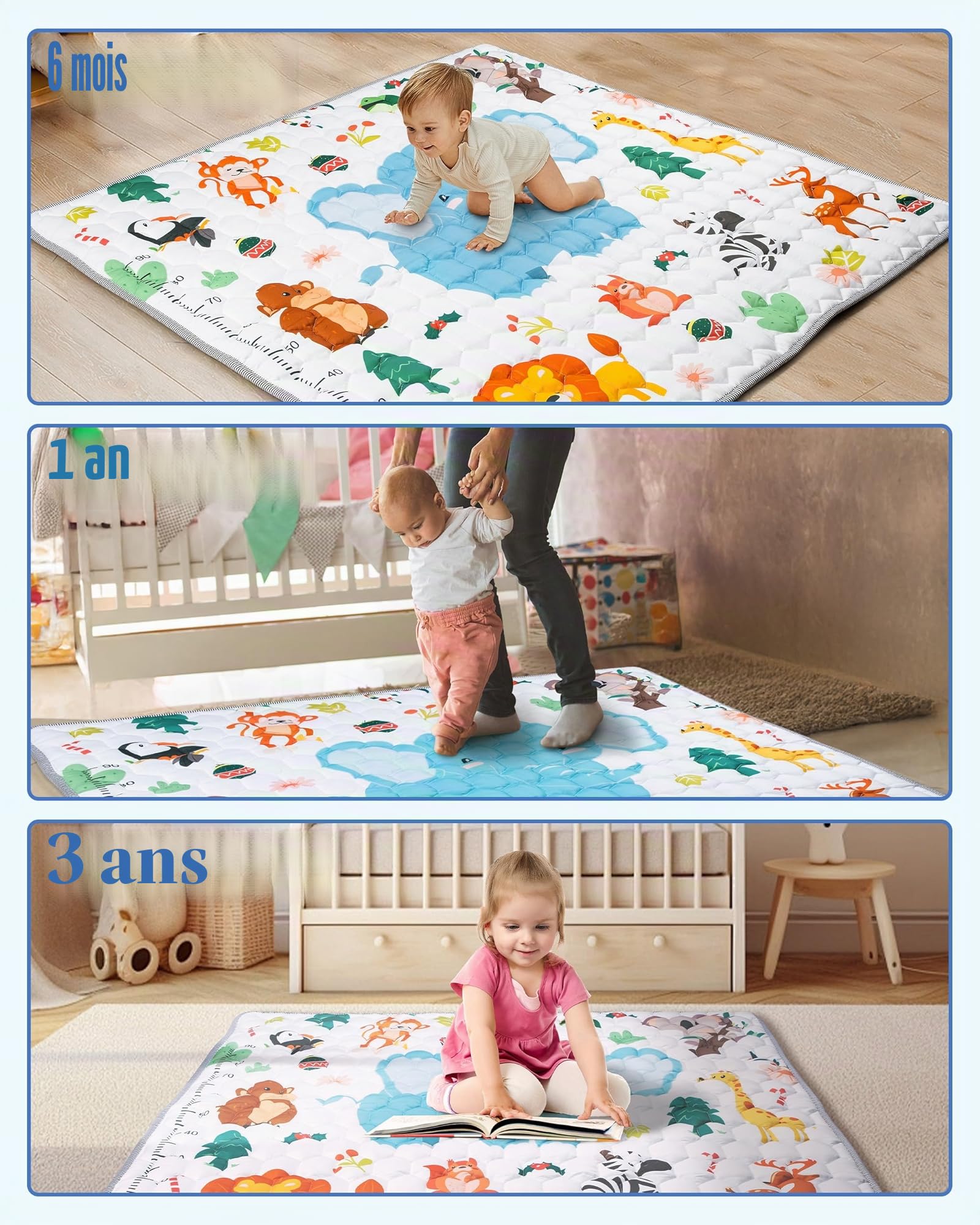 Tapis de Jeux Bebe, Antidérapant Tapis Rampant Bébé 127x127cm, Animaux Tapis de Motricité Bébé Pliable, Coton Tapis D'éveil Enfants Epais avec Règle, Applicable à Intérieur/Extérieur/Clôture