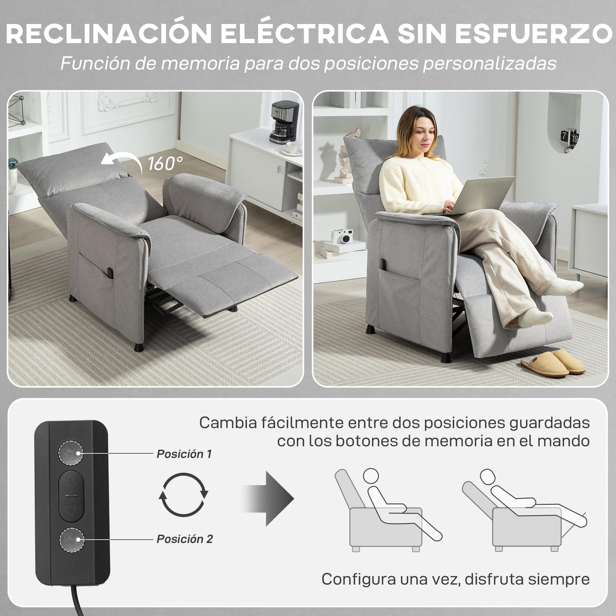 HOMCOM Sillón Relax Reclinable Eléctrico Sillón Reclinable Silencioso con Función Memoria Reposapiés Mando a Distancia Bolsillos Laterales Tela Apto para Mascotas para Dormitorio Salón Gris