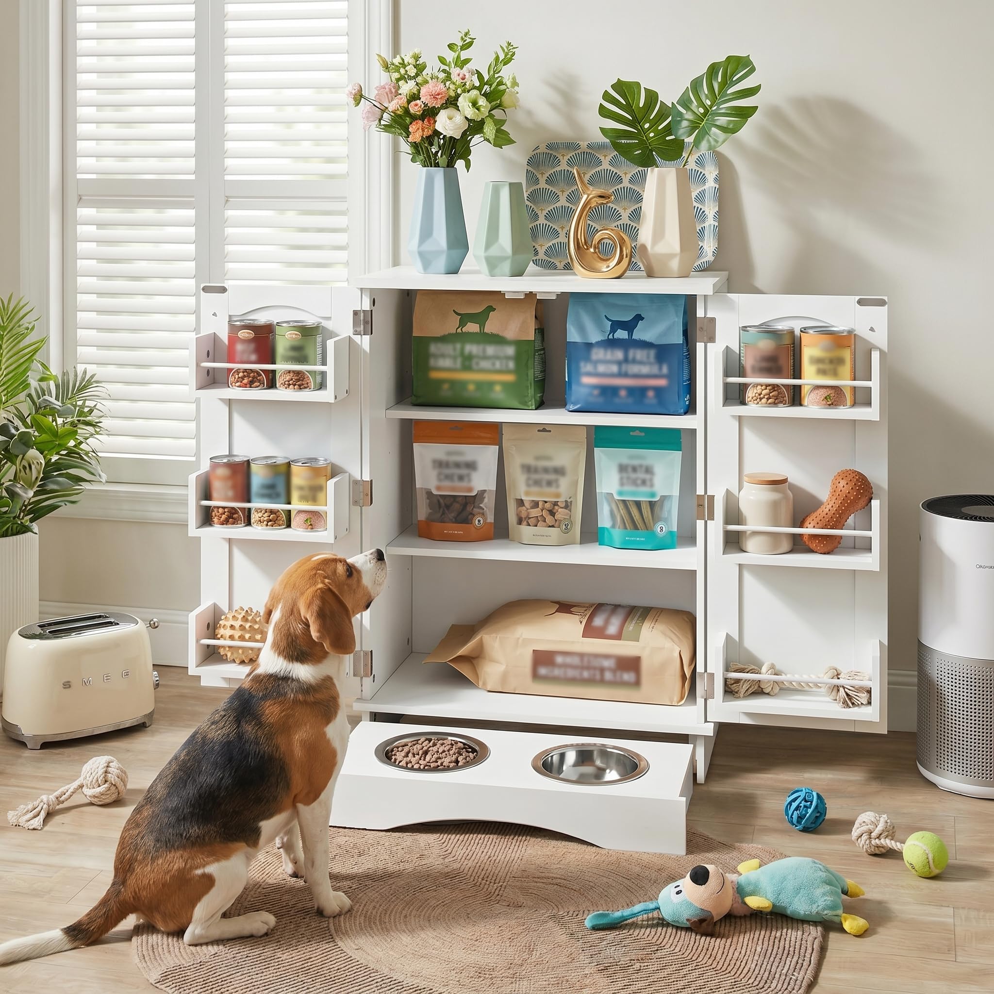 Armario para Comida de Perro con 2 Cuencos de Acero Inoxidable, Estación de Alimentación para Mascotas con Estantes Ajustables y Almacenamiento Lateral, Blanco, 59,7 x 31 x 80,5 cm