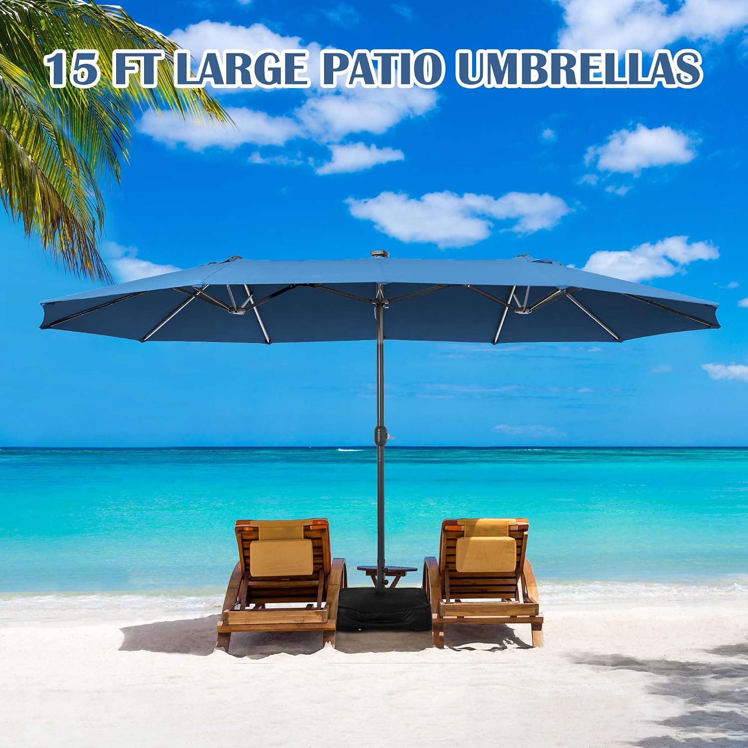Sundale Outdoor Solar 144 LED 15 ft Patio Umbrella with Sandbag Base Included and Cover, Outdoor Double-Sided Umbrella with Lights