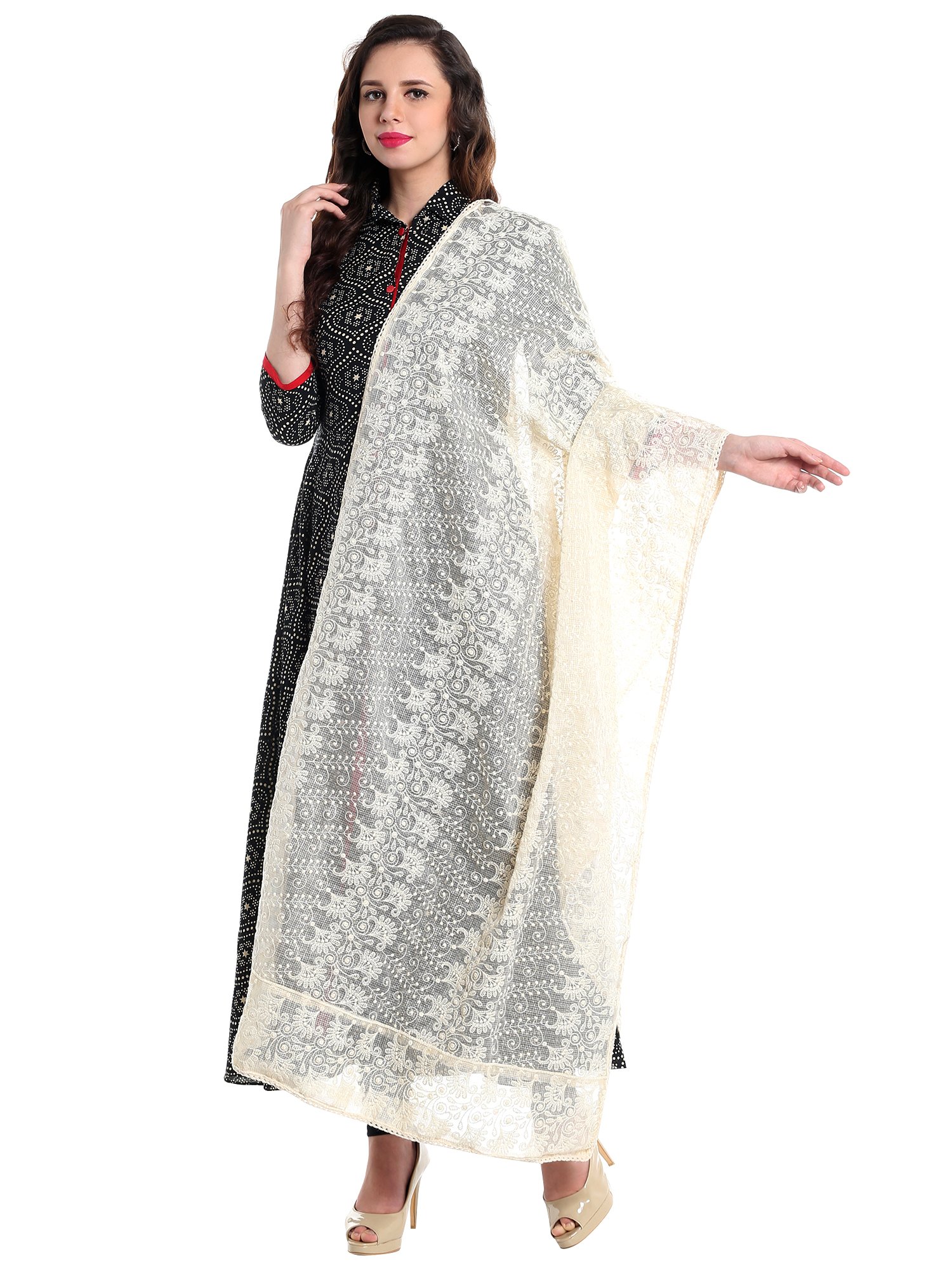 dupatta bazaar Women's Off White Cotton Kota Doria dupatta with Lucknowi Embroidery-picture-34