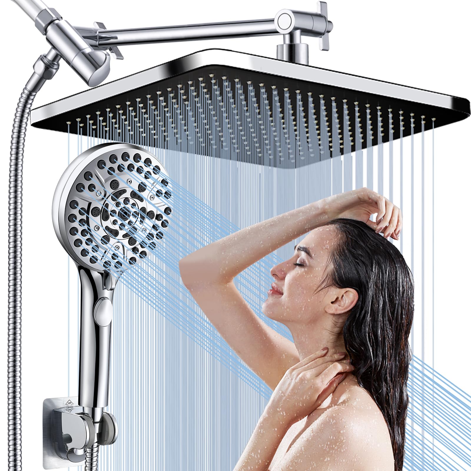 BSTHAONE Handheld Shower Combo, 14 Inch Rain Shower Head with High Pressure Rainfall, 11 Inch Adjustable Extension Arm and 10 Spray Settings Handheld Shower Head,Bathroom Accessories,Chrome