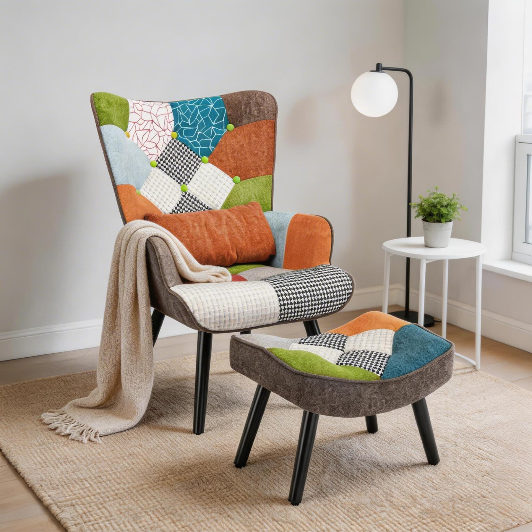 Relaxsessel mit Hocker&Lendenkissen, Patchwork Ohrensessel Orange, Leinen Loungesessel Massivholzfüße, Moderner Sessel für Wohnzimmer Schlafzimmer, Frühjahrsangebot Frühjahrsdekoration