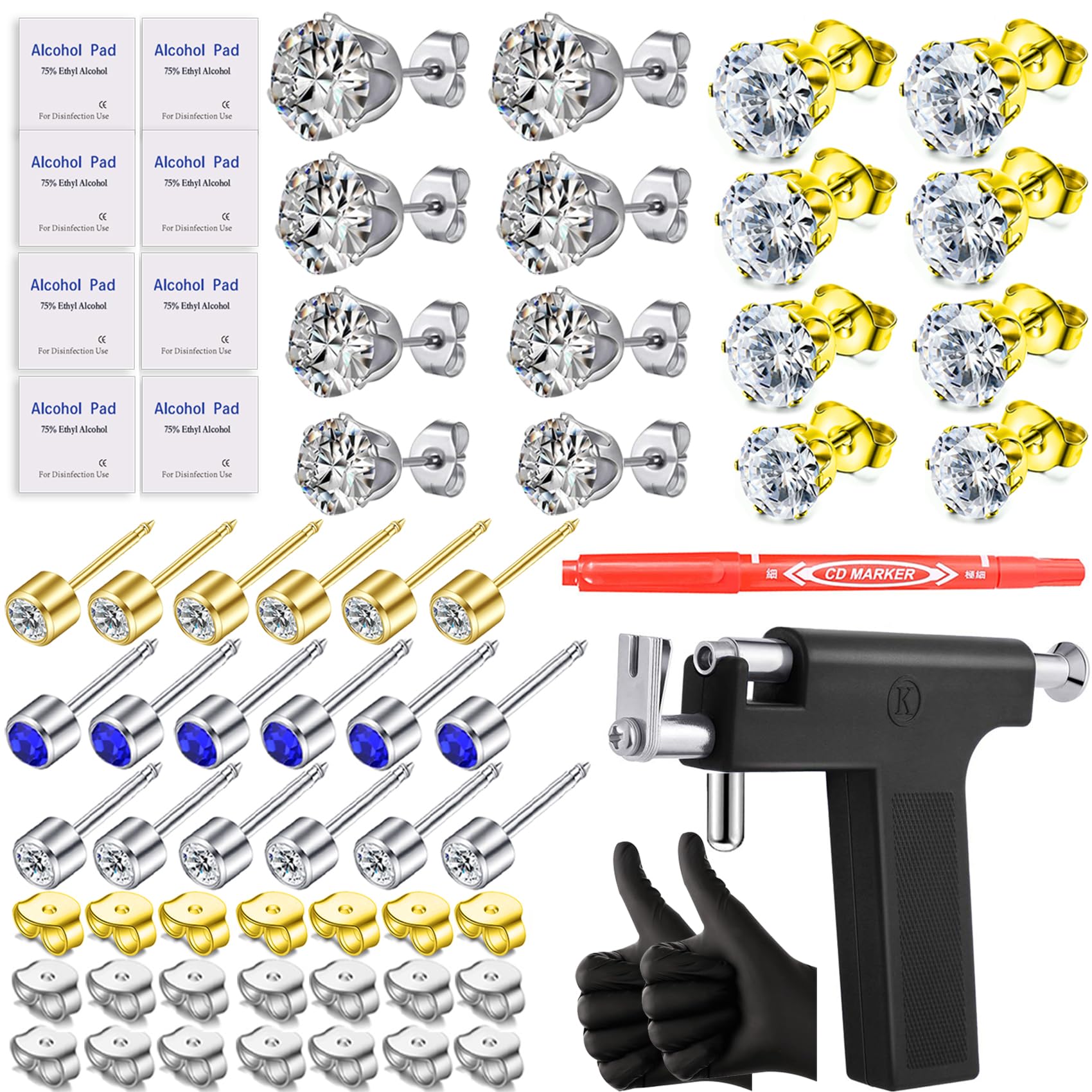 Self Ear Piercing Gun Kit-Professional Salon and Home Use Peircings Gun Tools Kit With 17 Pairs of Diamond Stud Earrings Set For Ear Nose Lip Piercing