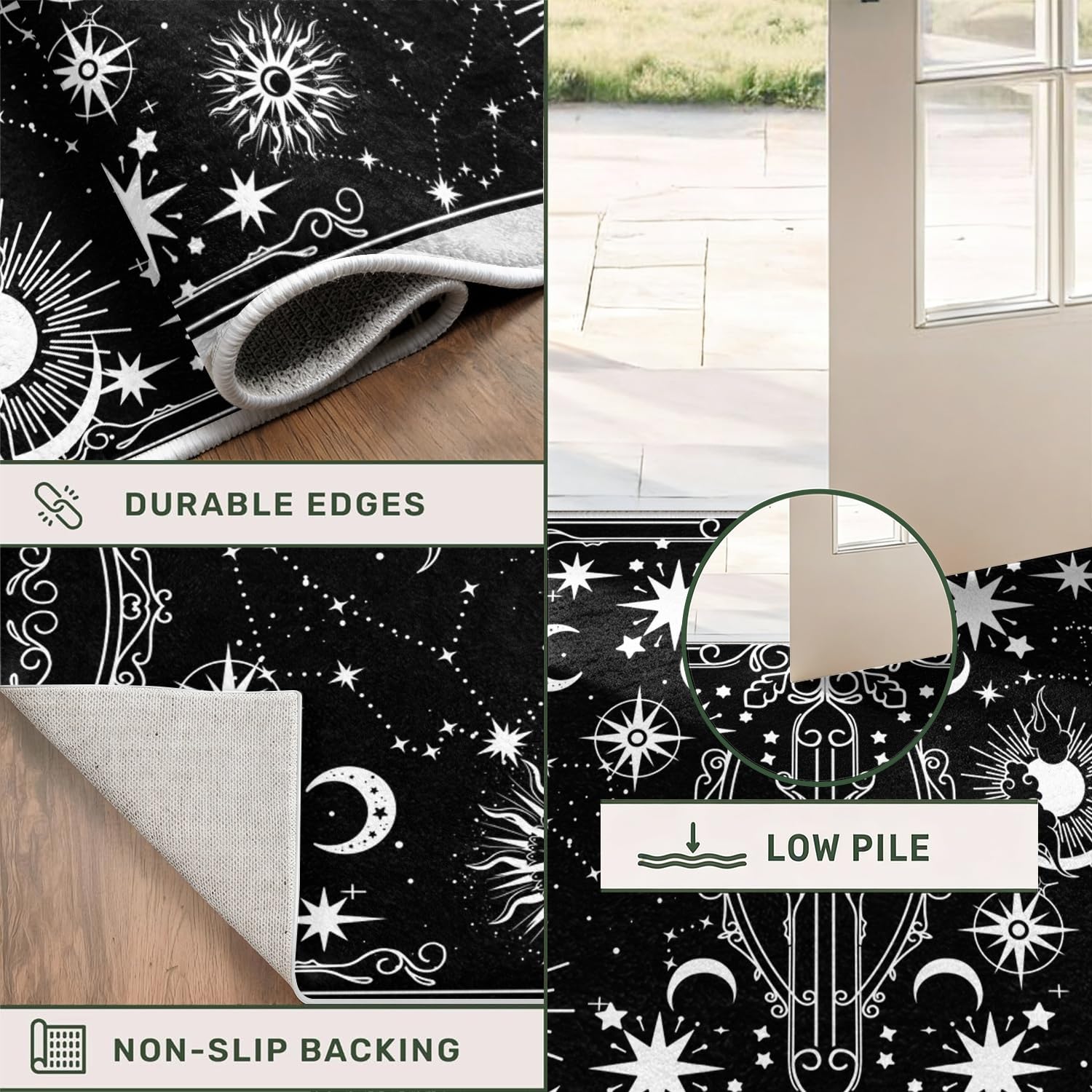 Himmels Läufer Teppich in Schwarz Weiß, 60x200cm Gotischer Teppich Sonne, Mond Sternen für Flur, Langer Teppich Mit Mystischem Sternbildmuster für Schlafzimmer, Waschbare, Rutschfeste Teppiche