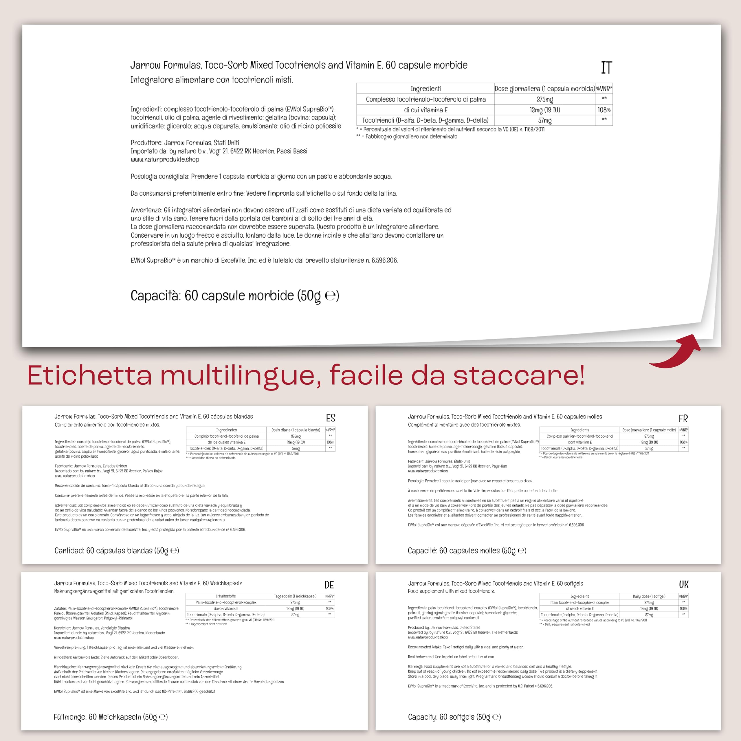 Jarrow Formulas, Toco-Sorb, Tocotrienoli Misti e Vitamina E, 60 Capsule morbide, Testato in Laboratorio, Senza Glutine, Senza Soia, Non OGM