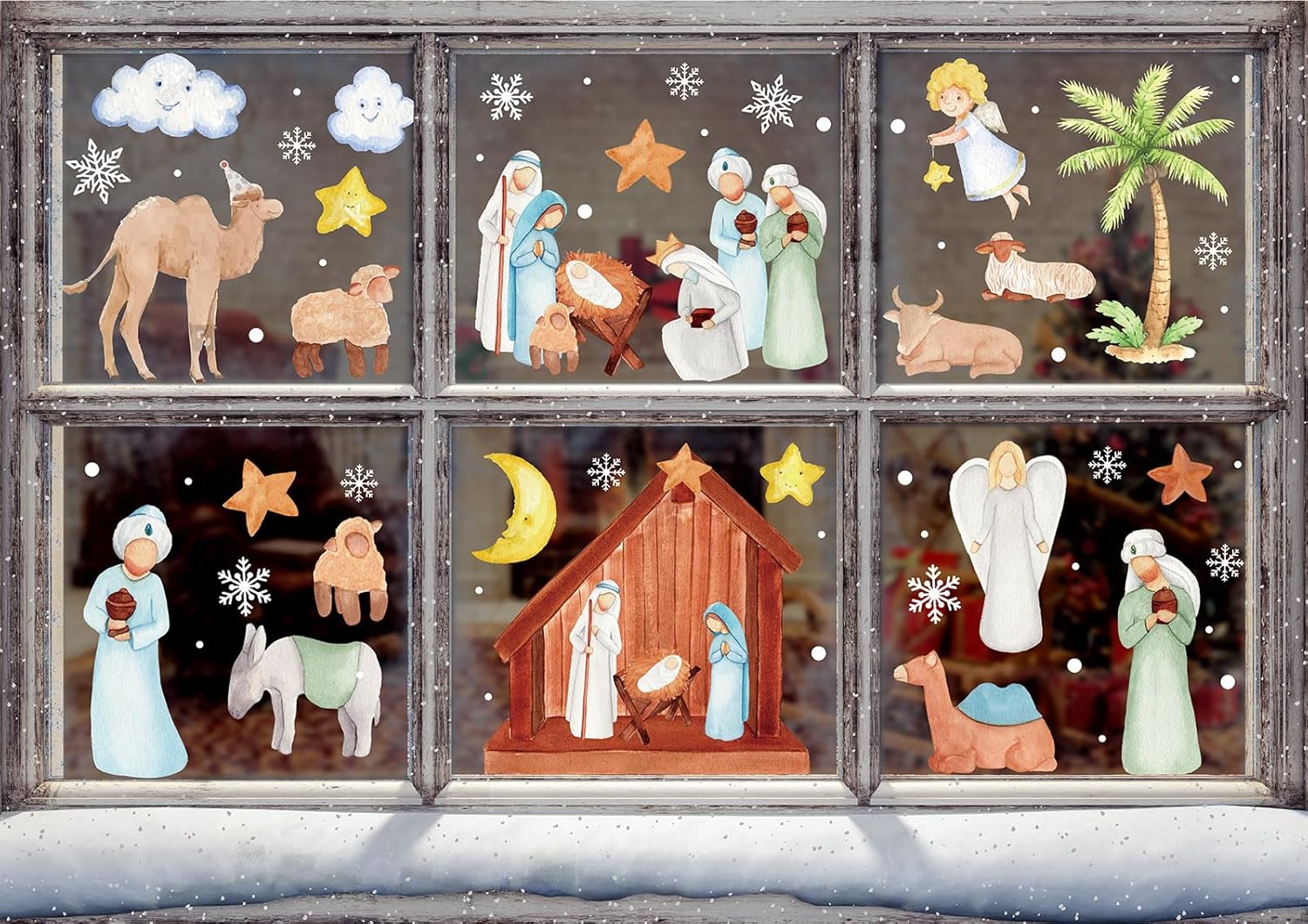 AnyDesign 6 Sheet Christmas Window Clings Watercolor