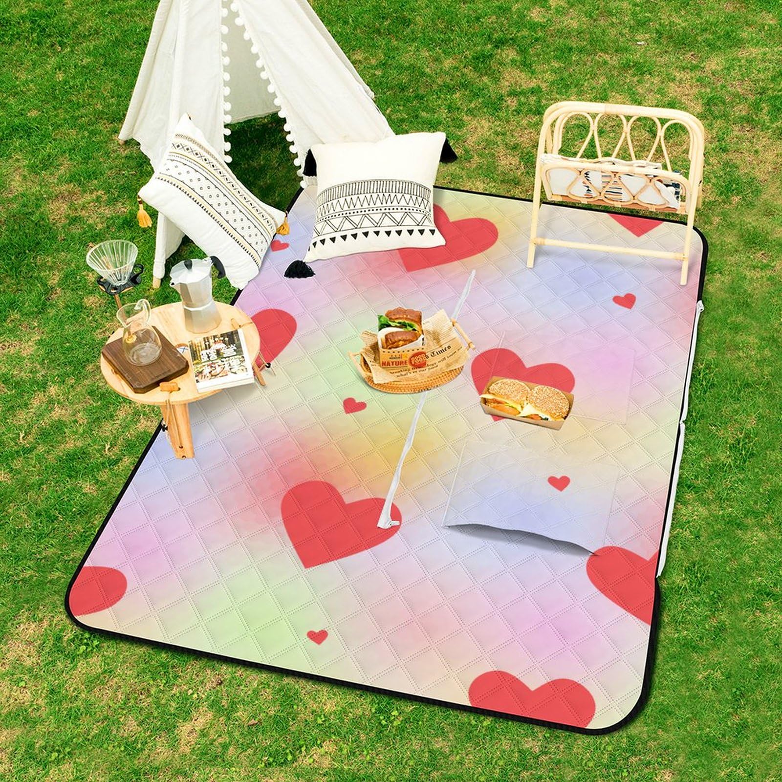 Surwin Picnic Blanket Waterproof, 3D Love Heart Pattern Outdoor Picnic Mat 2 in 1 Picnic Rug Convertible to Shoulder Bag, 150x100cm Sandproof Beach Picnic Rug Beach Blanket (Romantic)