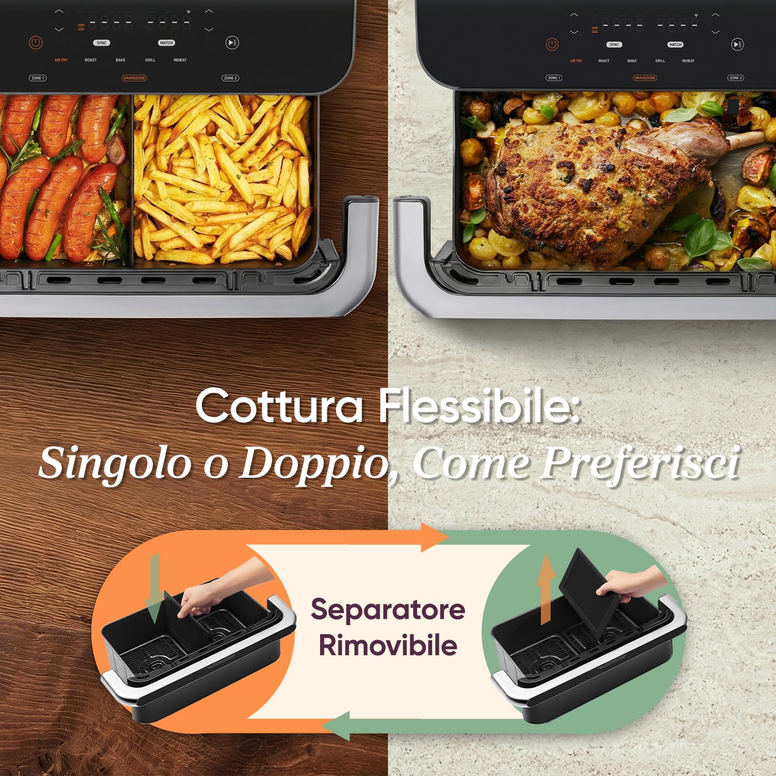 COSORI Friggitrice ad Aria 10 Litri, 7 in 1 Doppia Resistenza TwinFry con Doppio Cestello 5L+5L e Separatore Rimovibile, 2800W Air Fryer WiFi, 40-240℃, 70 Ricette Online, TF-102S