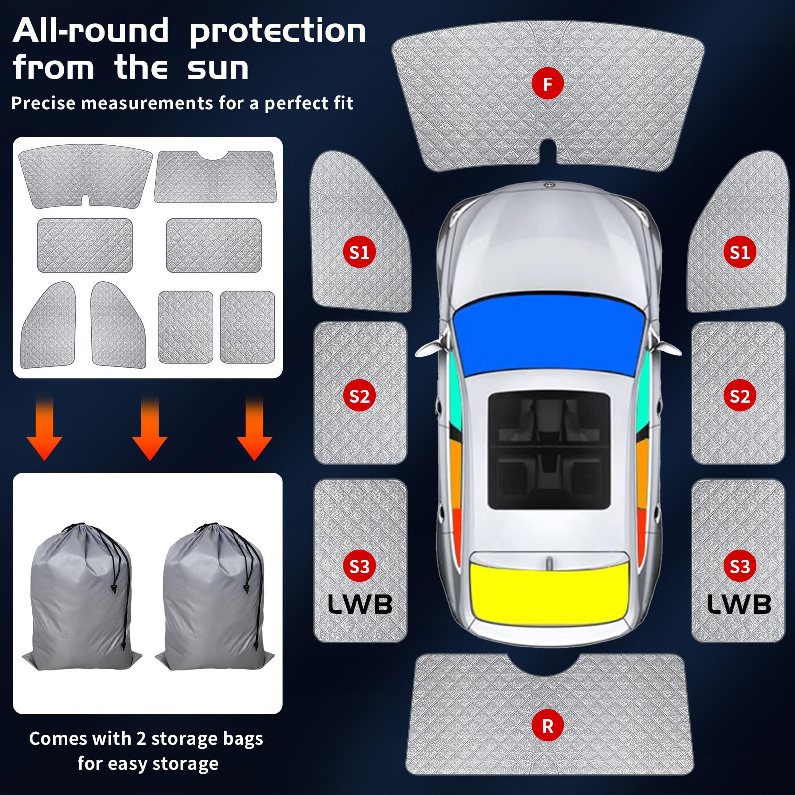 Wewnętrzna mata termiczna do kabiny kierowcy, pasuje do VW T5/T6 LWB (długi rozstaw osi), 8-częściowy zestaw, wielowarstwowa, odporna na rozdarcie ochrona przed słońcem, łatwy montaż