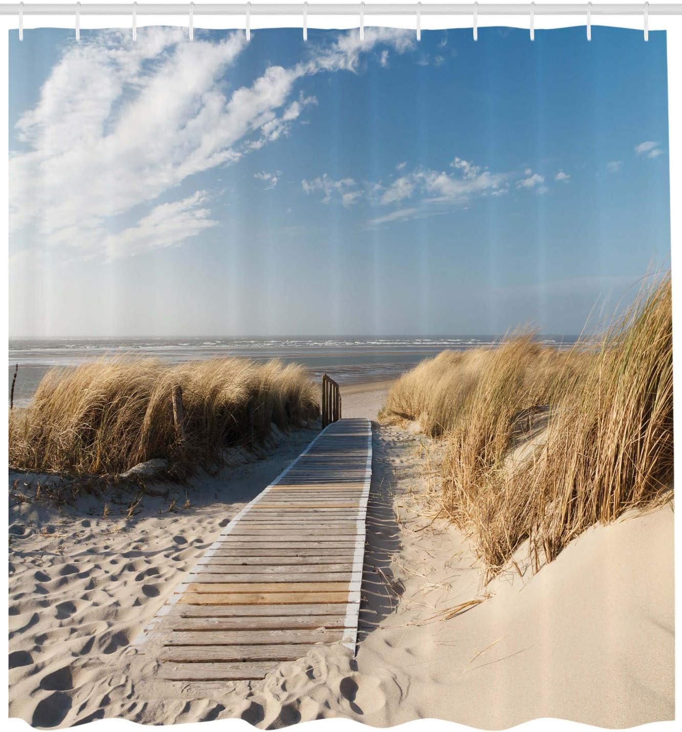 Ambesonne European Shower Curtain, A Footpath on a Sunny Day with Windy Weather by The European Beach and Grass of Germany Landscape, Cloth Fabric Bathroom Set with Hooks, 69" W x 75" L, Brown Sky