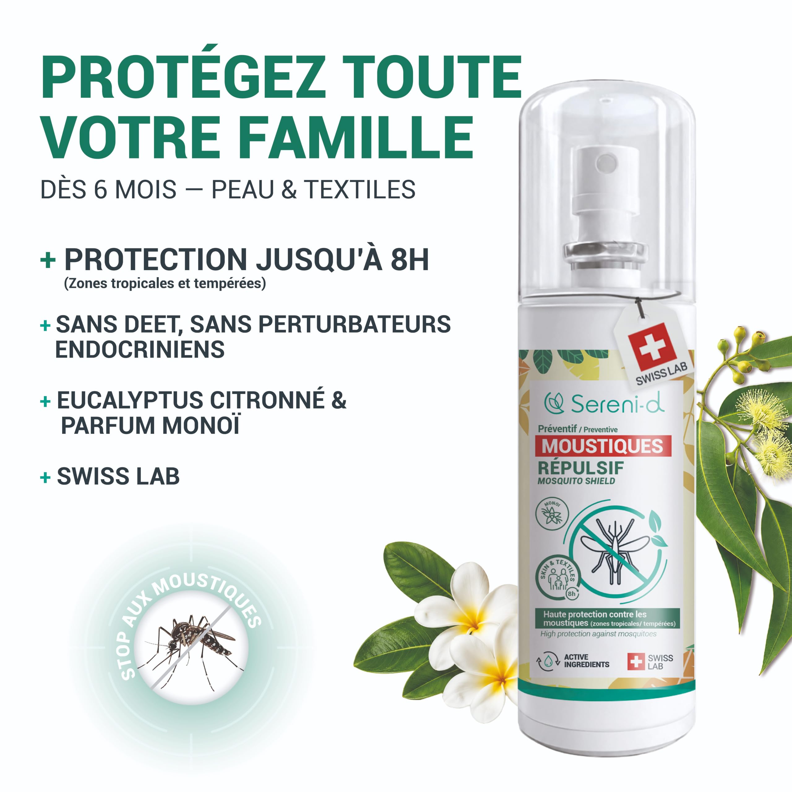 ANTI-MOUSTIQUES MONOÏ Spray Répulsif Corps & Vêtements 100mL – Eucalyptus Citronné – Jusqu'à 8h – Moustique Tigre – Dès 6 Mois – SANS DEET – Swiss Lab – Sereni-d®