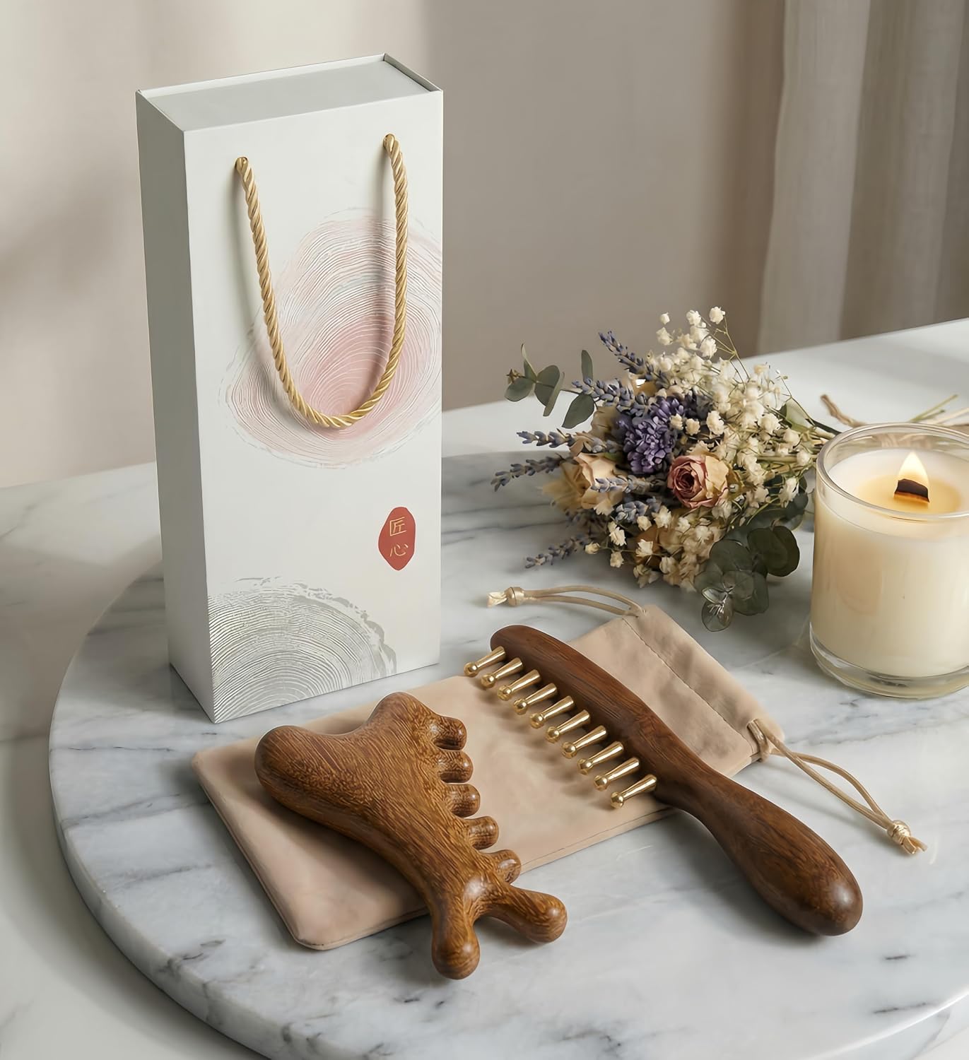 Wooden Acupressure Comb Set, Scalp Comb and 4-in-1 Gua Sha Tool