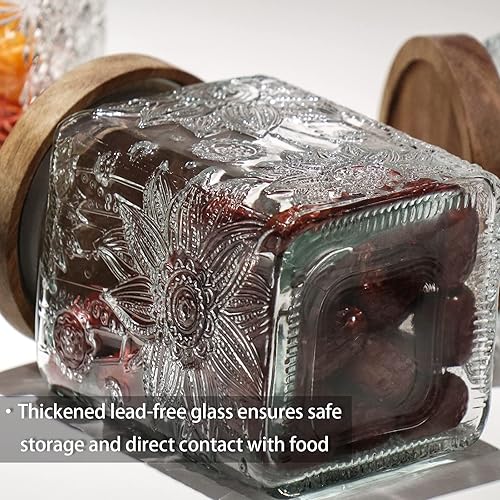 Miniatura 7 de TOSSOW - Tarro de almacenamiento de vidrio vintage, recipientes de alimentos de 24 onzas con tapa de madera, 1 recipiente en relieve de hoja de
