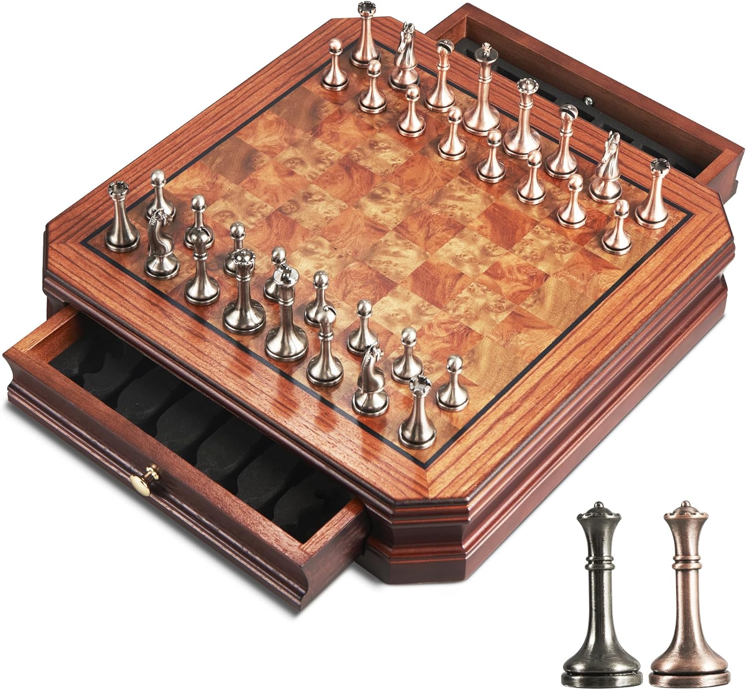 Conjunto de ajedrez de madera de 12 «con 2 cajones de almacenamiento incorporados y piezas de ajedrez de metal angustiadas – 2 Juego de mesa de ajedrez de escritorio retro de reinas adicionales para adultos y principiantes