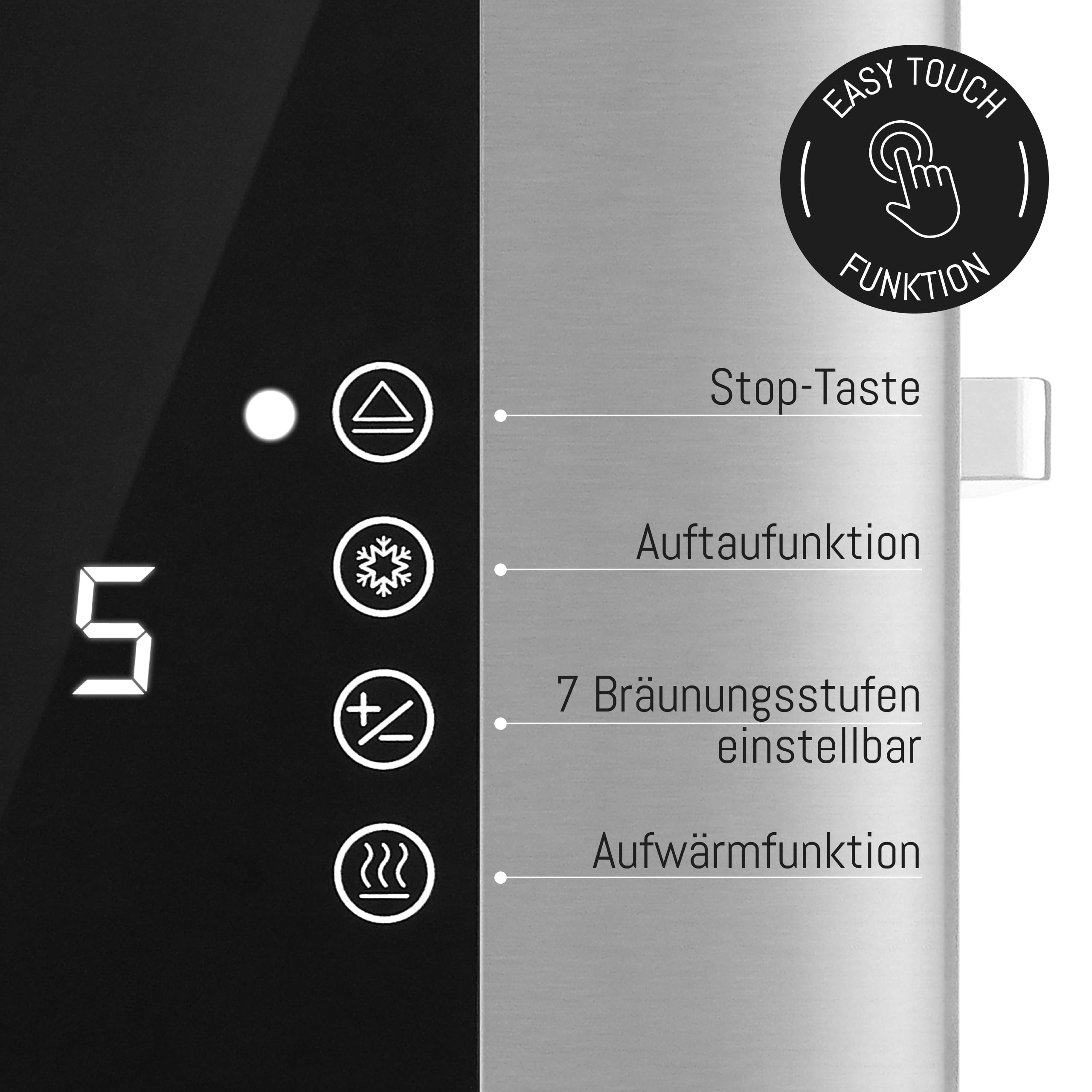 LEBENLANG Broodrooster met lange sleuf, 4 sneden met opzetstuk voor broodjes, touchscreen led-display en 7 standen, 1400 W, 4-delige broodrooster met lange sleuf, geborsteld roestvrij staal, Smart