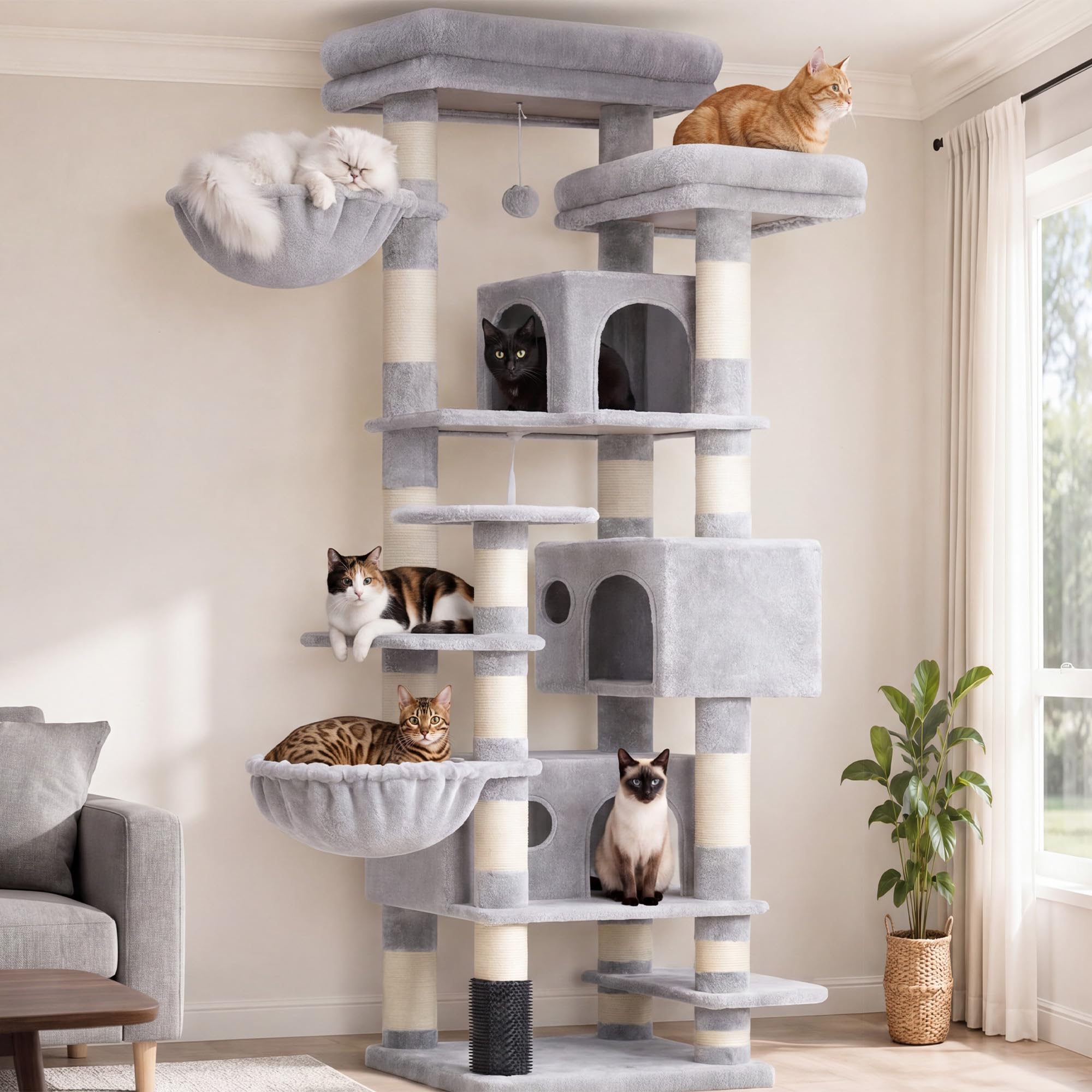 Hey-brother Kratzbaum, 188 cm Katzenbaum, XXL Kletterbaum mit 2 groß Plattform, 3 Höhlen, 2 Korb, Plüschbälle und Sisal Kratzbäume, mehrstöckiger Katzenkratzbaum, Hellgrau MPJ035-MW