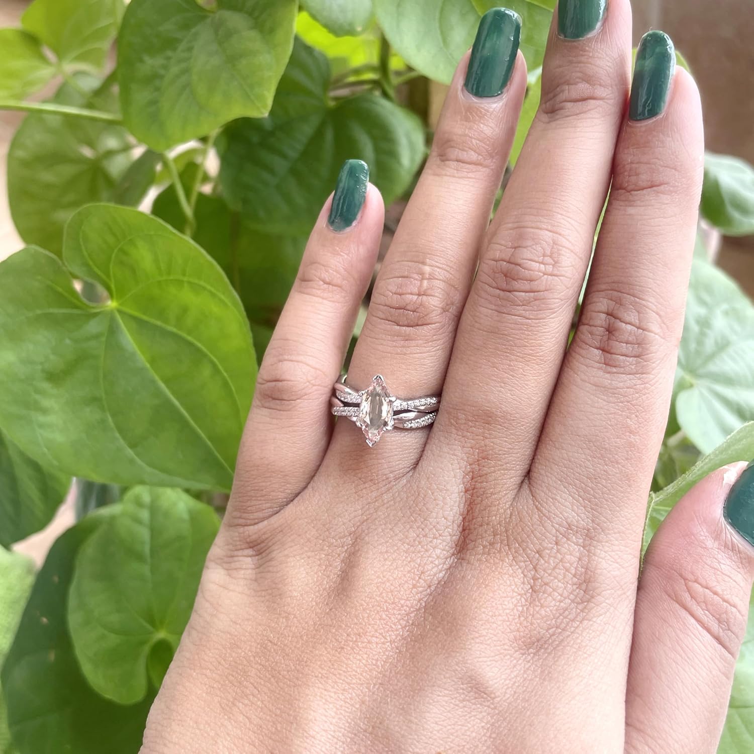 1 Carat Marquise Cut Moganite & Diamond Twisted Solitaire With Accent Engagement Bridal Set For Women, 14K Gold Plated 925 Silver Swirl Bypass Engagement Ring Set