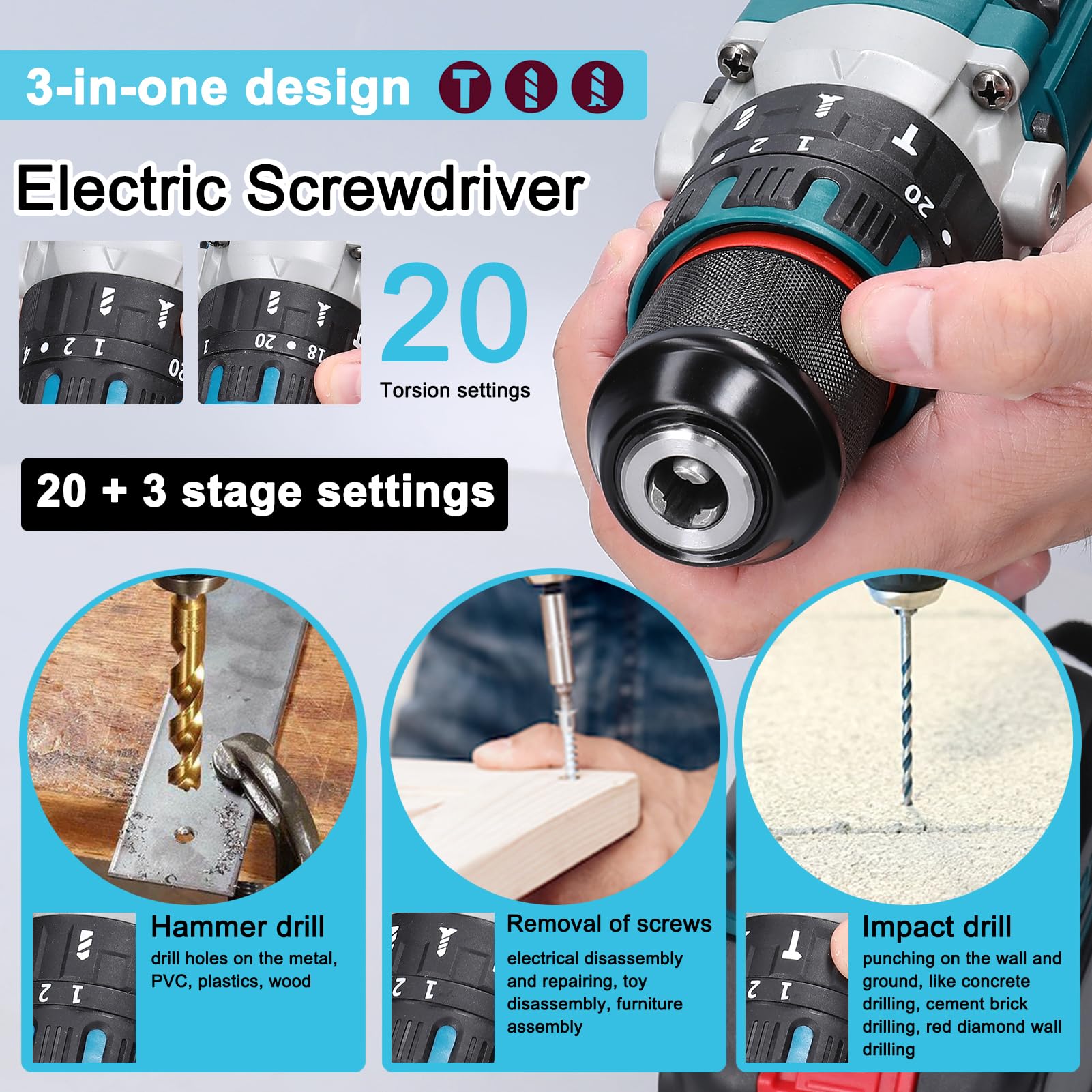 Elektryczna wiertarka udarowa z silnikiem bezszczotkowym 13 mm, wkrętarka akumulatorowa, wielofunkcyjne narzędzie do łatwego wiercenia, długa żywotność baterii, ręczne elektronarzędzie