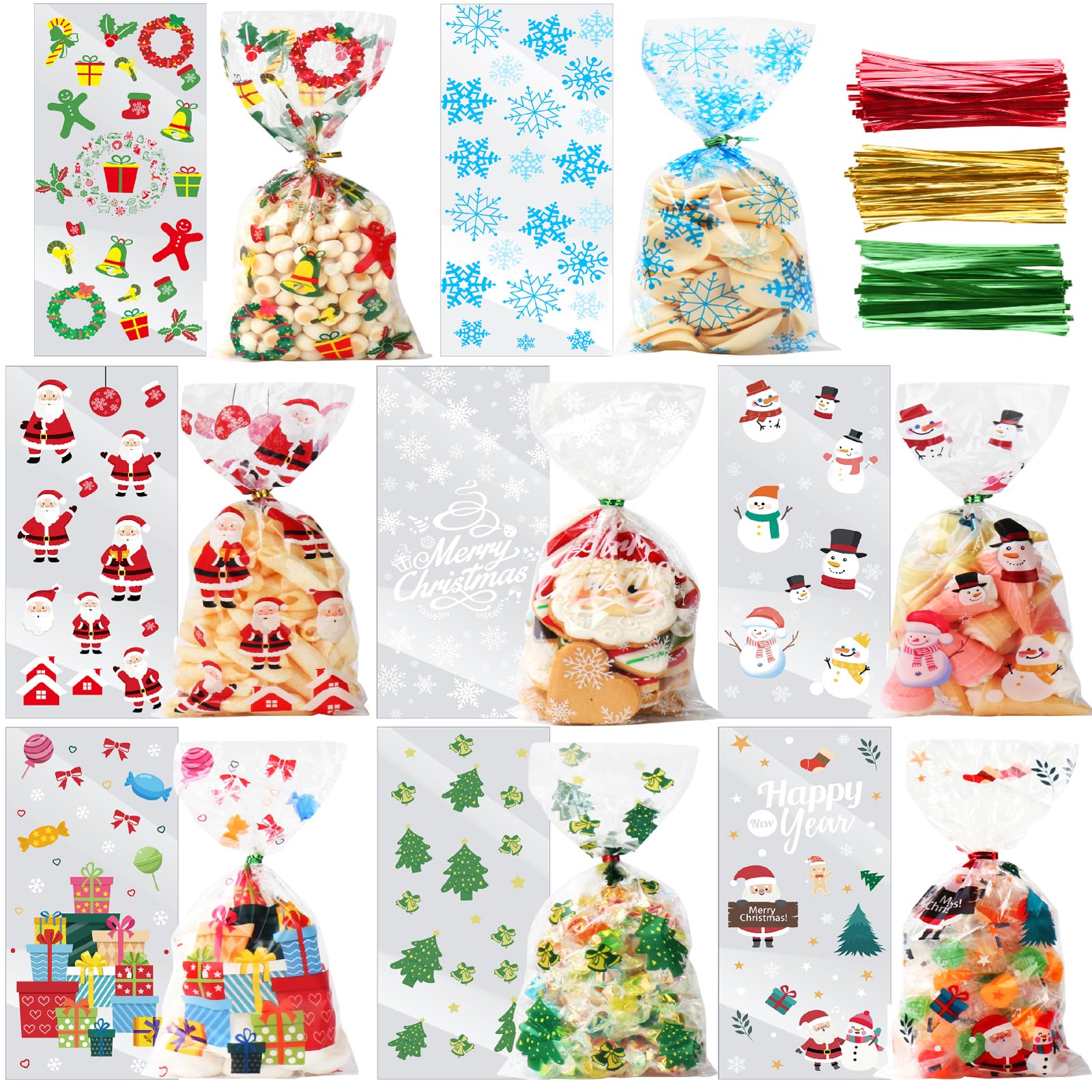 160PCS Christmas Treat Bags, 8 Styles Christmas Cellophane Treat Bags with 200PCS Ties, Clear Xmas Cello Candy Bags Gift Goodies Cookie Bags for Christmas Theme Winter Holiday Party Favors Supplies