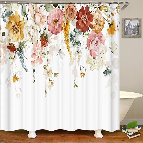 Miniatura 4 de Hipposama Cortina de ducha floral, juego de cortinas de ducha con flores de acuarela y flores silvestres rosas para baño, tela impermeable con 12