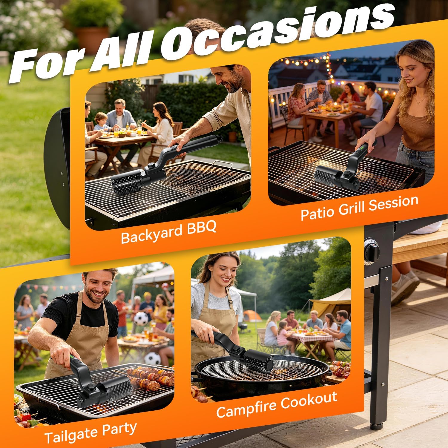 Elektrische Grillbürste, Kabelloser Grillreiniger Elektrisch mit 3 Reinigungsstufen, 180 Min Laufzeit, 180° Winkel, USB-C Wiederaufladbar, 2 Bürstenköpfe für Grillrost, BBQ und Outdoor Grill