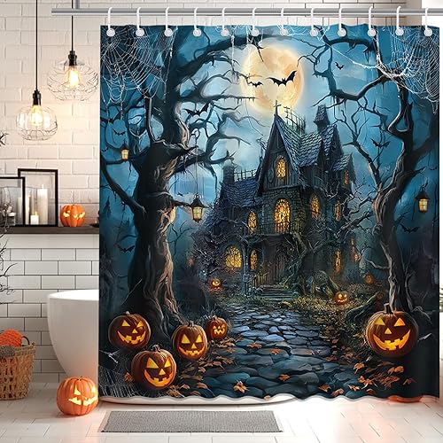 Mocsicka Halloween Haunted House Shower Curtain Halloween Castle Scary Horror Forest Pumpkin Midnight Home Decor Bathroom Bathtub Curtain Fabric 72x72 Inch (Blue)