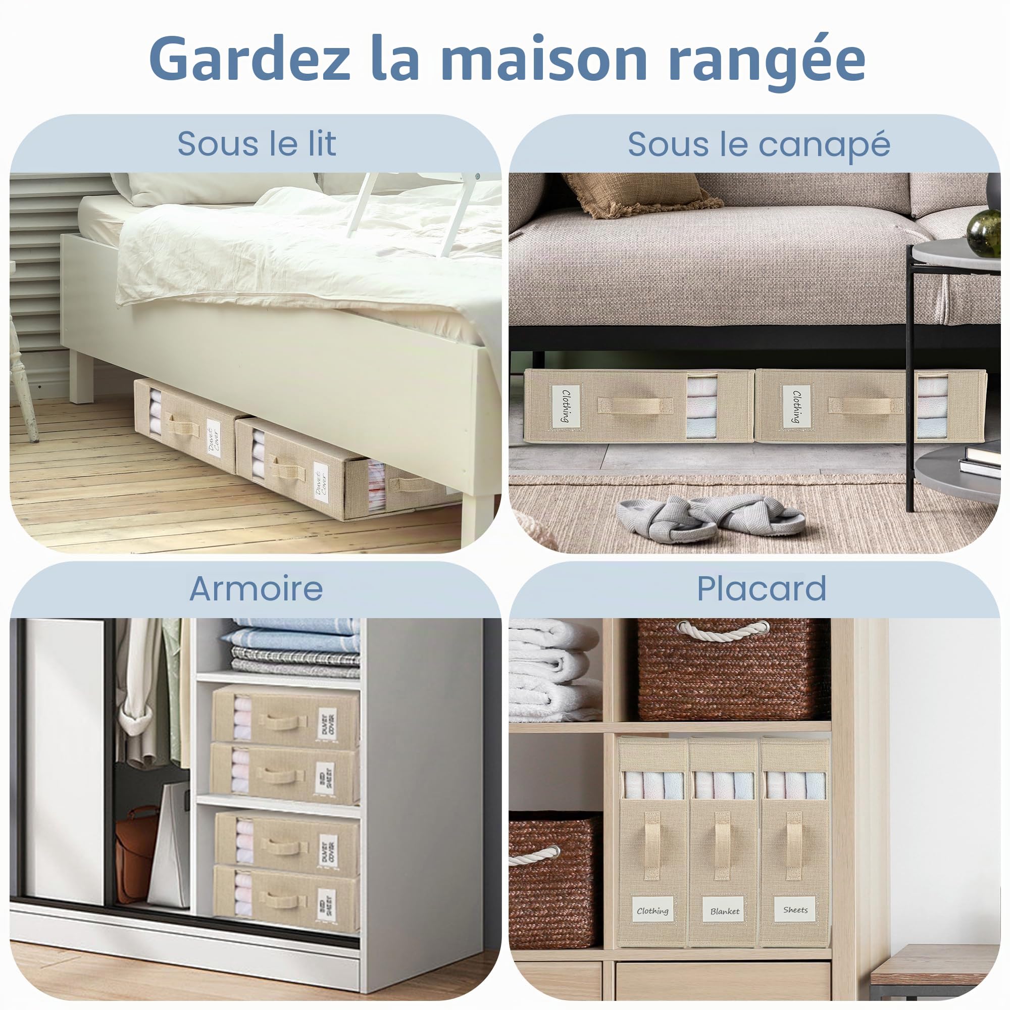 Sac de Rangement pour Draps de Lit, Lot de 4 Organisateurs de Literie Pliables, Rangement Pratique de la Literie et des Couvertures pour Lits King et Queen Size, Beige