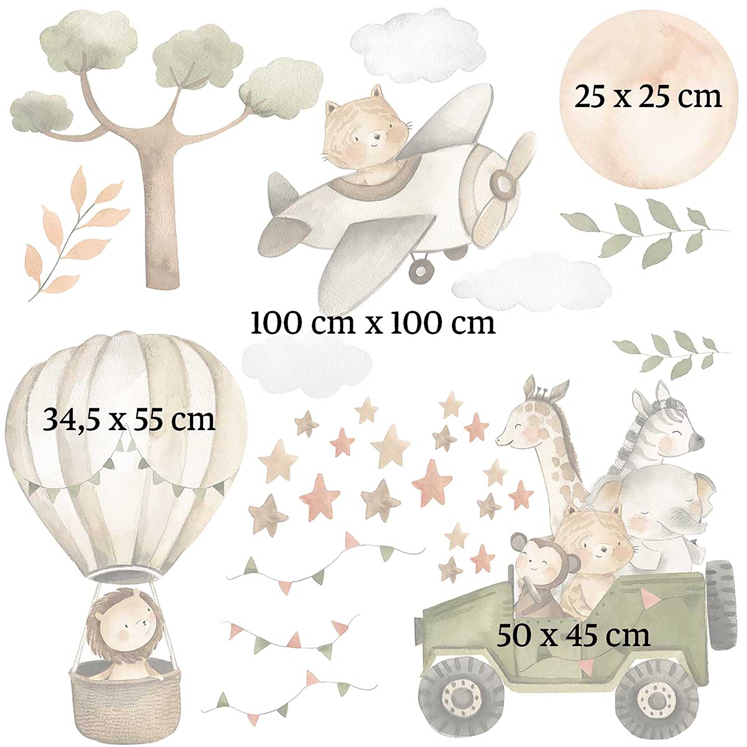 WANDKIND Safari Tiere Afrika Wandtattoo Safari Kinderzimmer V368 | handgezeichnet | AUFKLEBER Kindergarten | Wandsticker Dschungel mit Löwe Elefant Giraffe Zebra (100 x 100 cm)