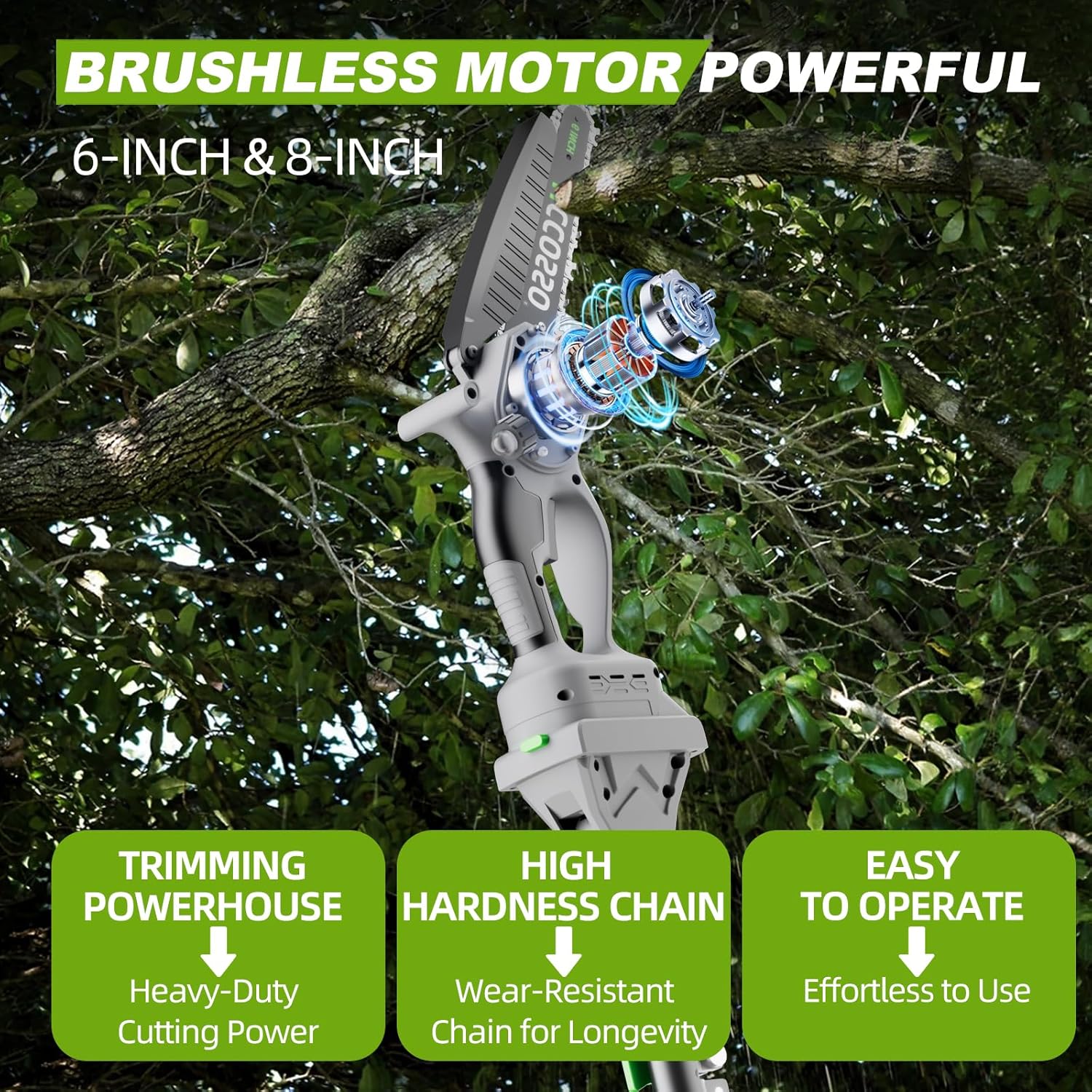 3-in-1 Electric Pole Saws for Tree Trimming 6&8" Mini Chainsaw Cordless with Extension Pole, 850W Brushless Motor,Auto Oiling,Total Reach of Max 15ft, Pole Saw for Home & Garden & DIY - Image 4