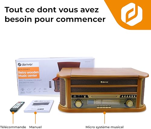 Denver MCR-50MK3 Chaîne Musicale rétro avec Platine Vinyle, Lecteur CD, Cassette, Radio FM/AM, USB, AUX, Haut-parleurs intégrés - 9